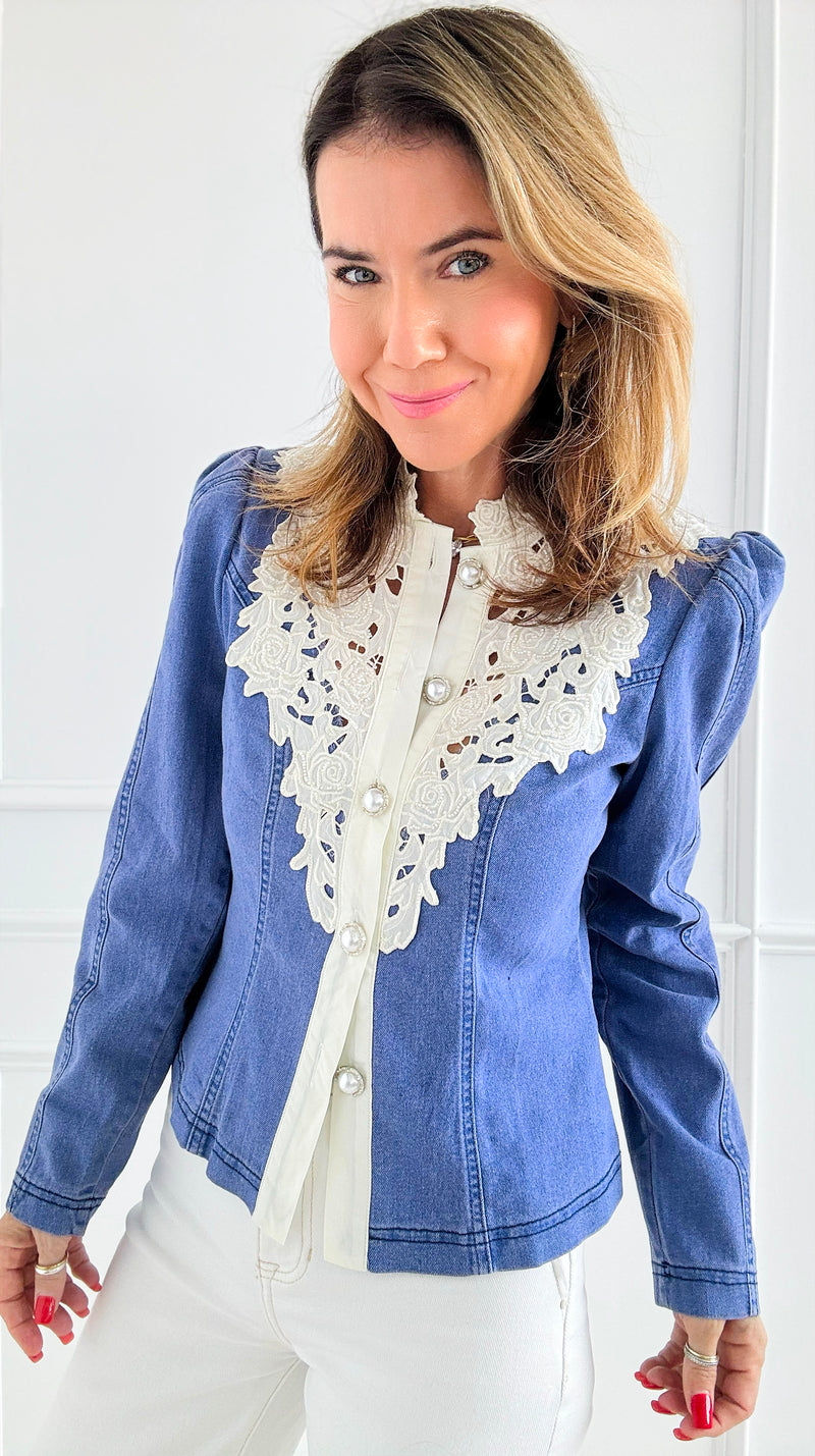 Victorian Lace-Inspired Denim Top-130 Long Sleeve Tops-La' Ros-Coastal Bloom Boutique, find the trendiest versions of the popular styles and looks Located in Indialantic, FL