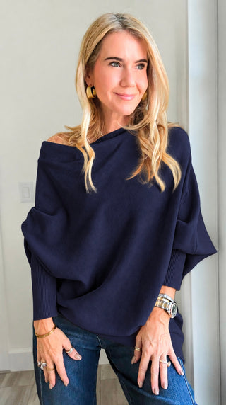Relaxed Cowl Neck Ribbed Cuff Italian Sweater - Navy