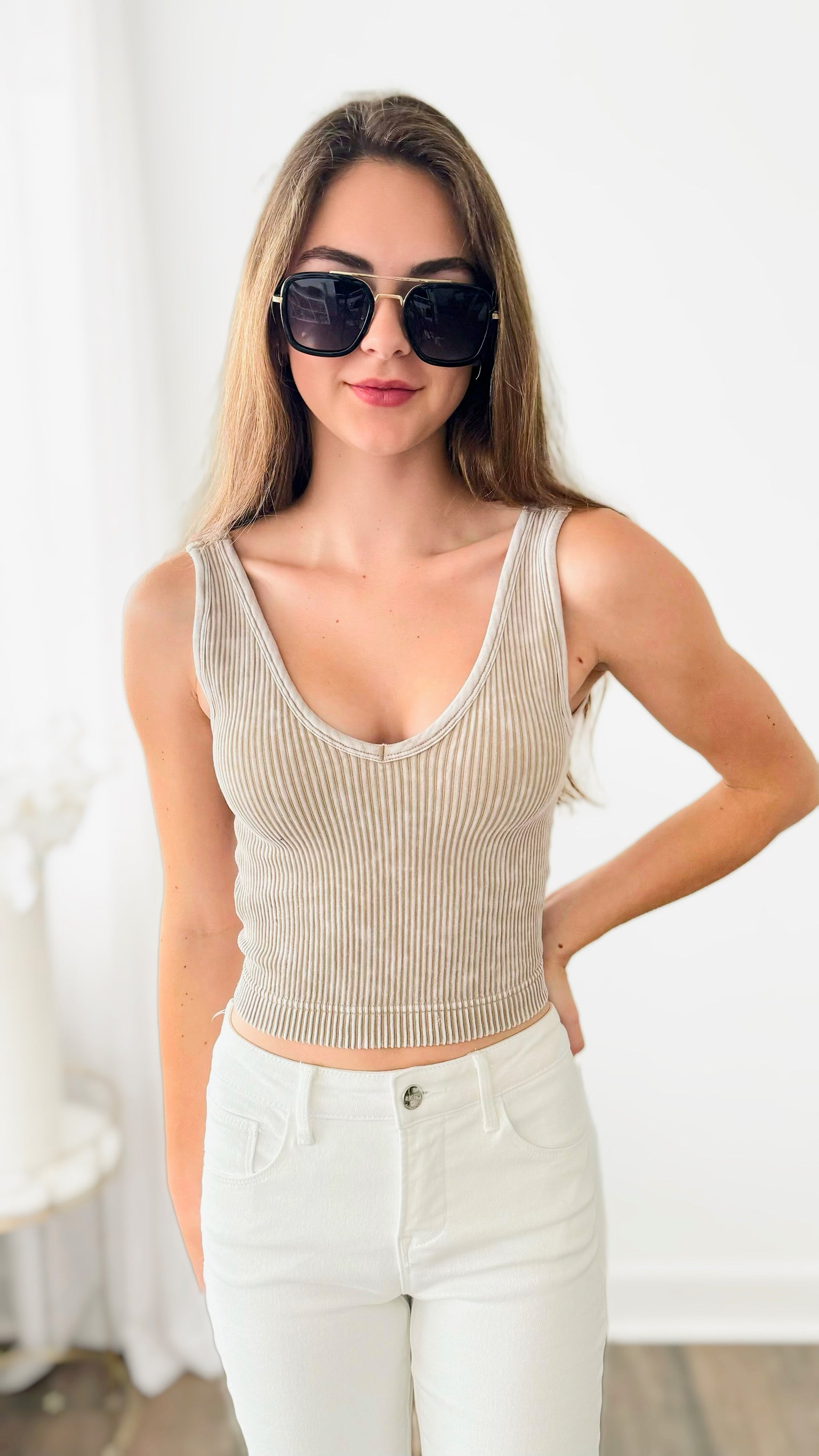 Washed Ribbed Bra Padded Tank Top - Ash Mocha-220 Intimates-Zenana-Coastal Bloom Boutique, find the trendiest versions of the popular styles and looks Located in Indialantic, FL