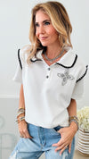 Polo Collar Rhinestone Detailed T-Shirt-White-110 Short Sleeve Tops-CBALY-Coastal Bloom Boutique, find the trendiest versions of the popular styles and looks Located in Indialantic, FL