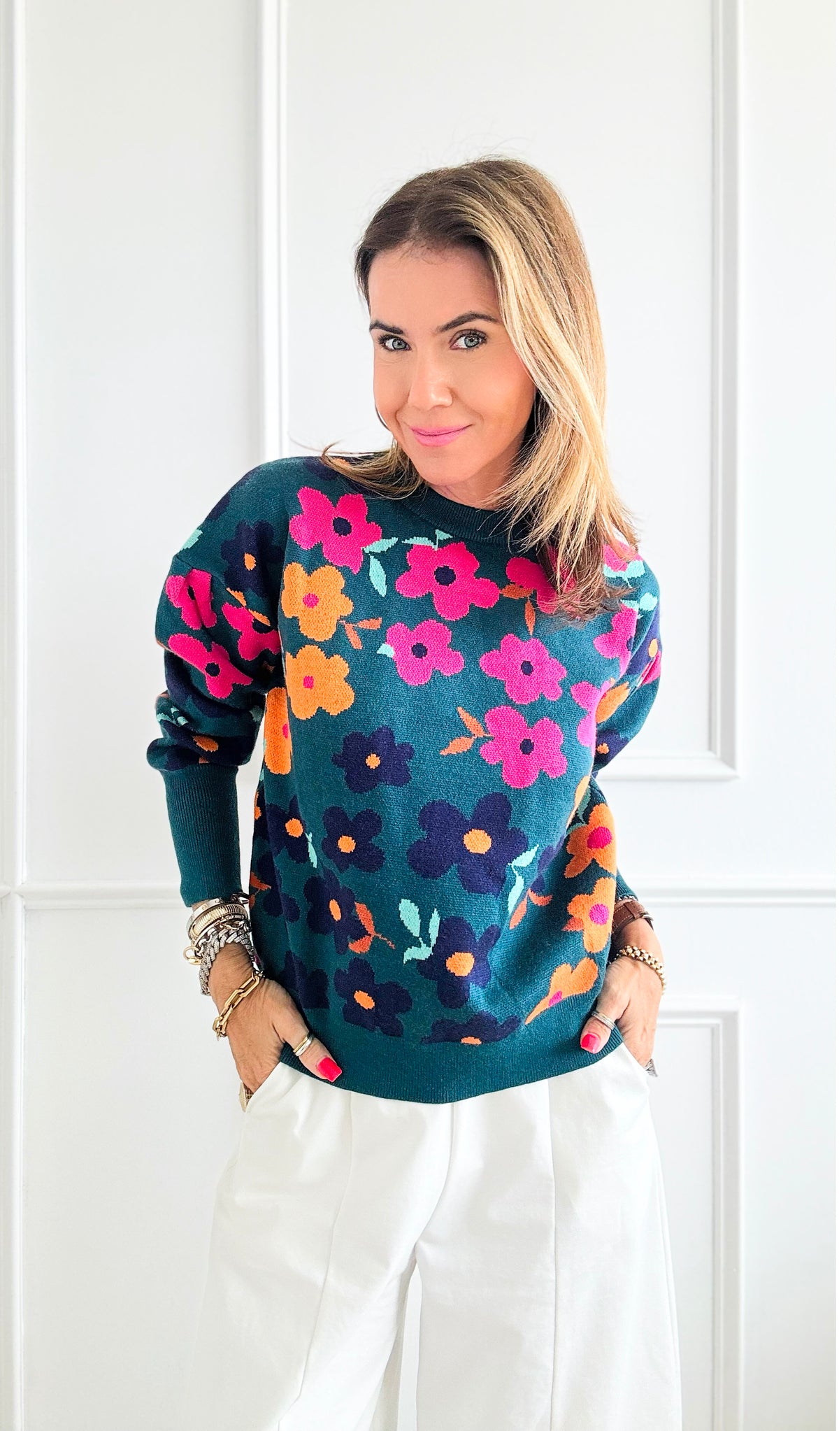 Floral Print Ribbed Knit Sweater-140 Sweaters-THML-Coastal Bloom Boutique, find the trendiest versions of the popular styles and looks Located in Indialantic, FL