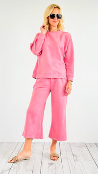 French Terry Wide Pants - Coral Pink-170 Bottoms-Veveret-Coastal Bloom Boutique, find the trendiest versions of the popular styles and looks Located in Indialantic, FL