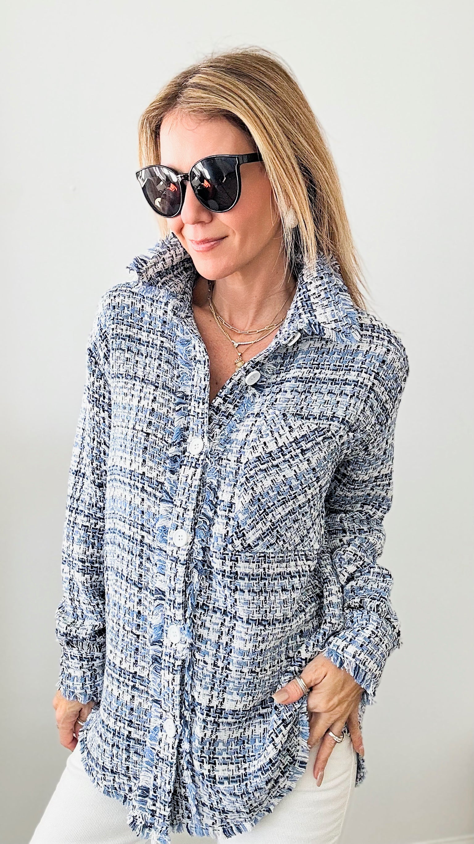 Bouclé Tweed Relaxed Shacket - Blue-160 Jackets-Rousseau-Coastal Bloom Boutique, find the trendiest versions of the popular styles and looks Located in Indialantic, FL