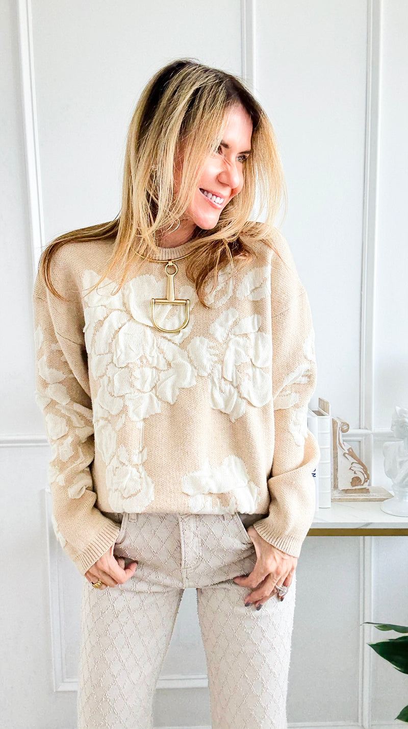 Bold Bloom Knit Sweater - Oatmeal-140 Sweaters-Rousseau-Coastal Bloom Boutique, find the trendiest versions of the popular styles and looks Located in Indialantic, FL