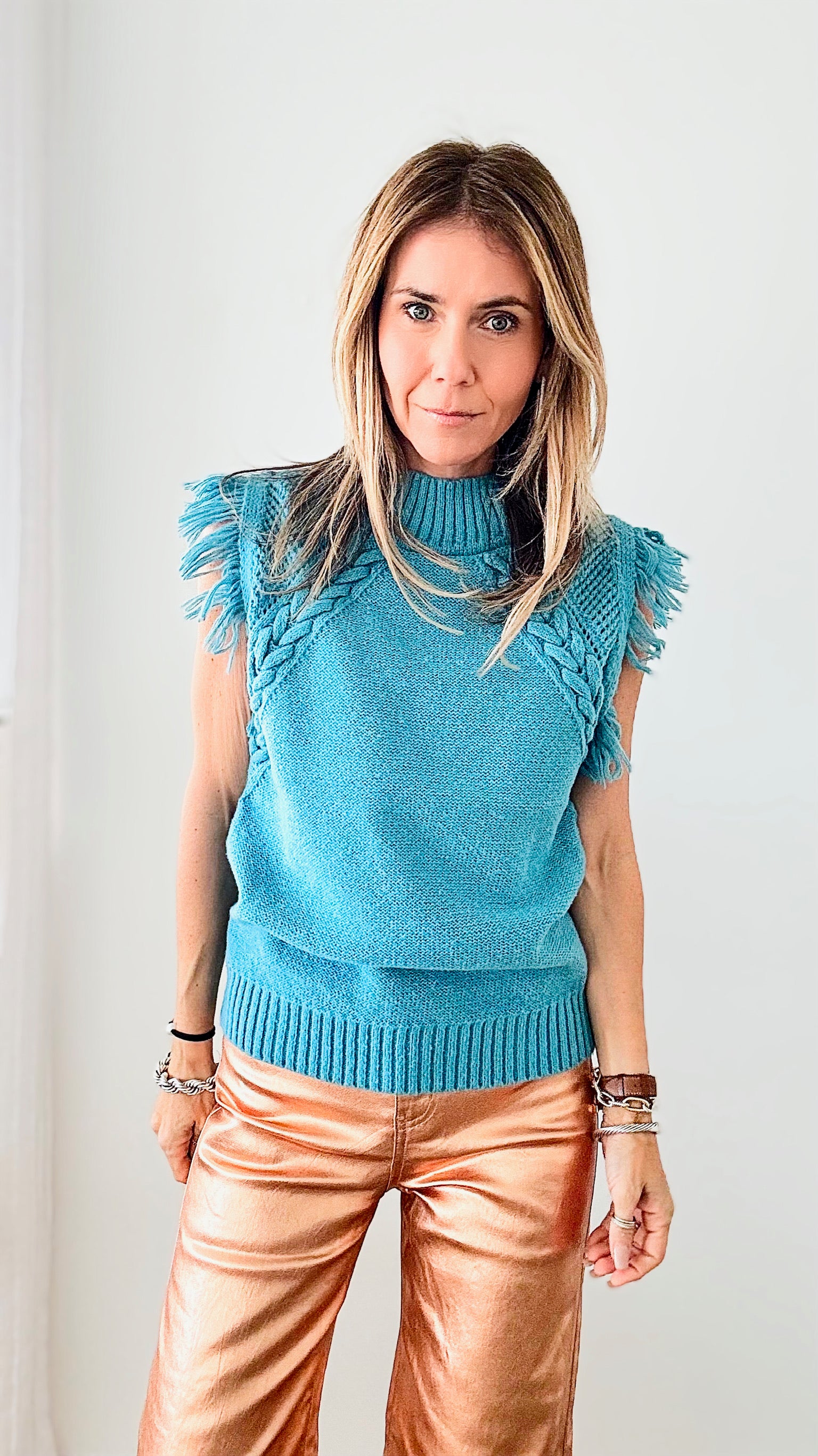 Cable Knit Fringe Sweater Vest - Teal Blue