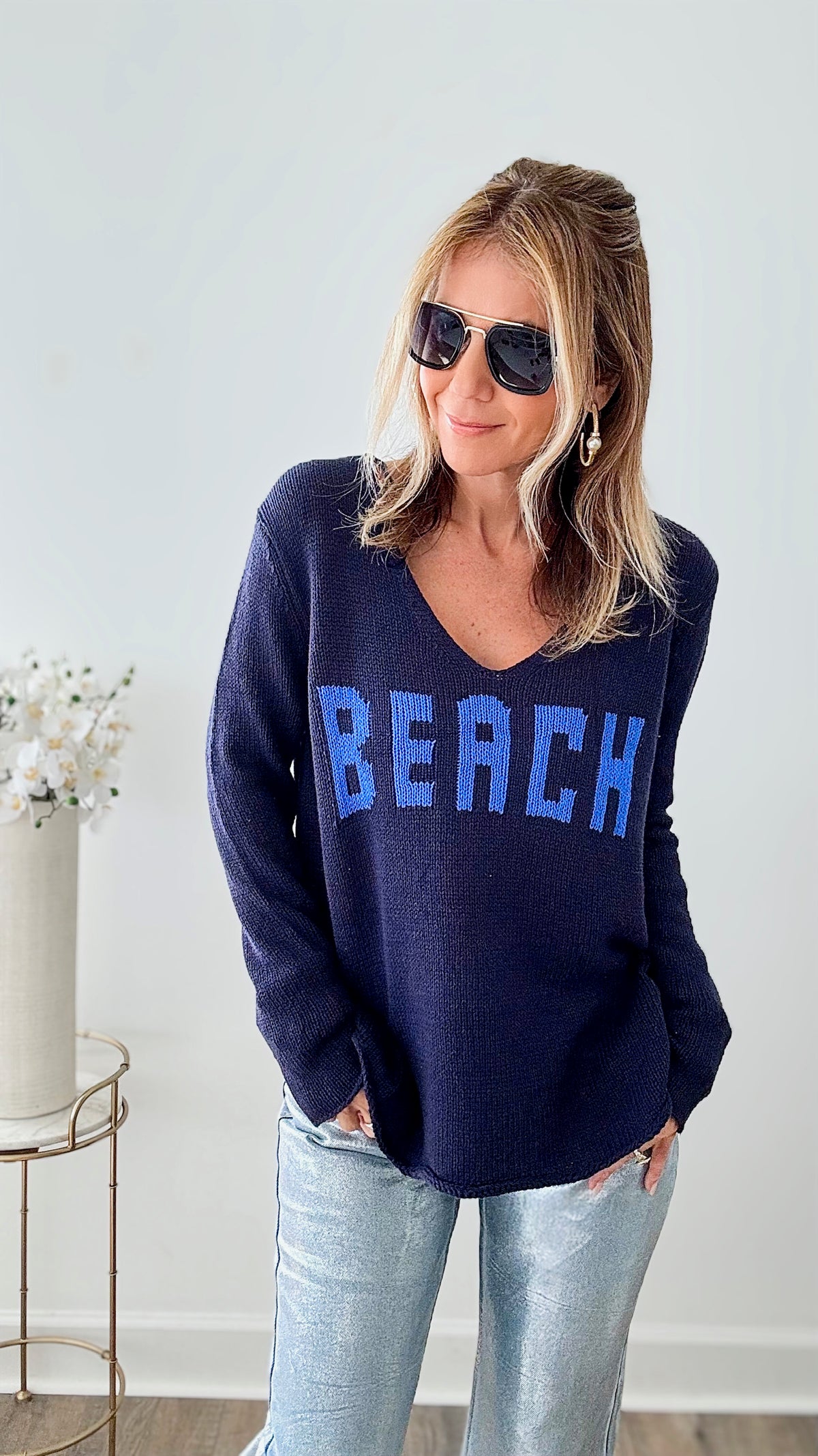 "Beach" Lightweight Knit V Neck - Navy-140 Sweaters-Miracle-Coastal Bloom Boutique, find the trendiest versions of the popular styles and looks Located in Indialantic, FL