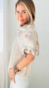 Glossy Floral Puff Sleeve Ribbed Blouse-130 Long Sleeve Tops-T H M L-Coastal Bloom Boutique, find the trendiest versions of the popular styles and looks Located in Indialantic, FL