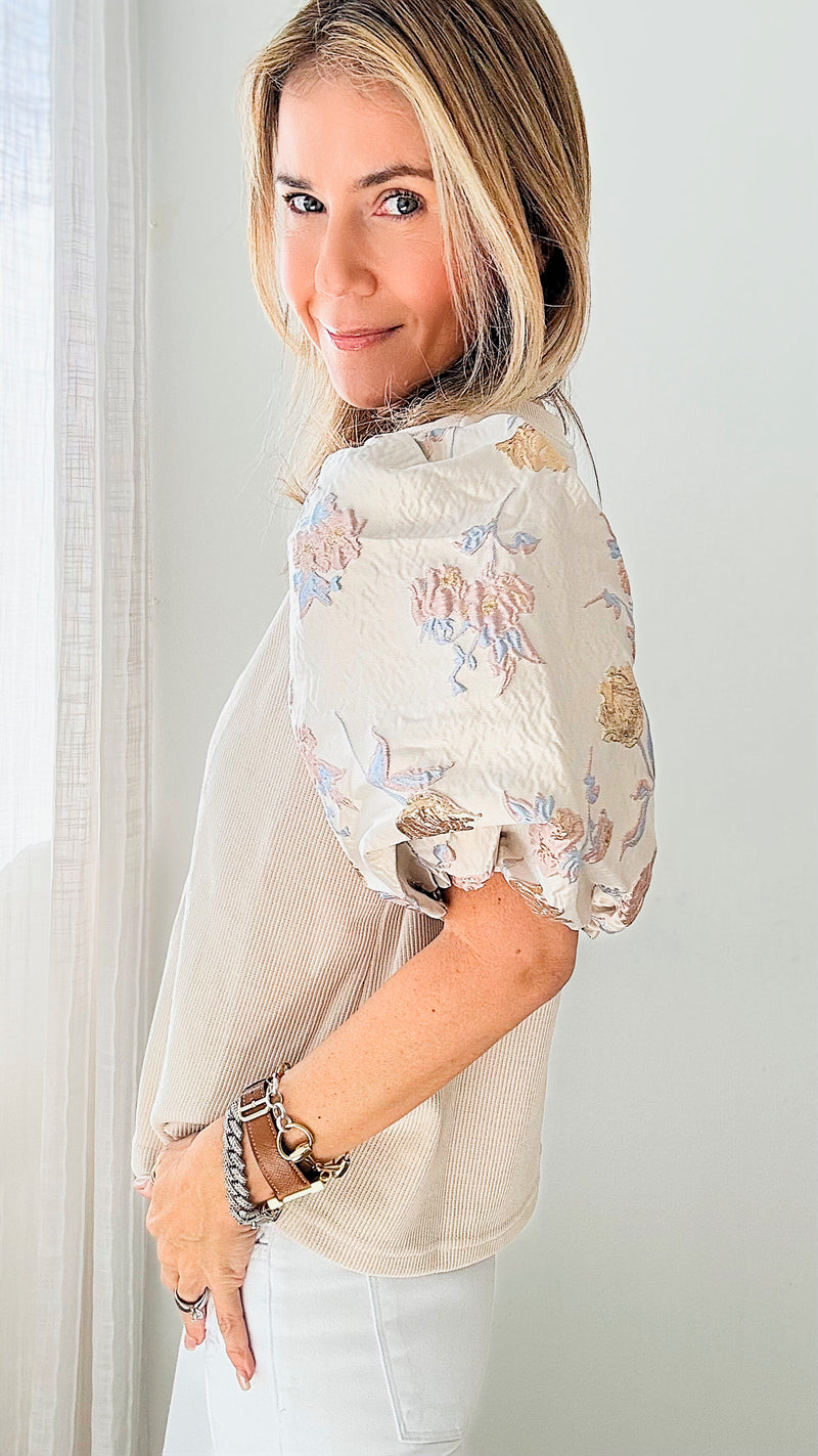 Glossy Floral Puff Sleeve Ribbed Blouse-130 Long Sleeve Tops-T H M L-Coastal Bloom Boutique, find the trendiest versions of the popular styles and looks Located in Indialantic, FL