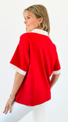 Contrast Chic Collared Top -Red-110 short Sleeve Top-Jodifl-Coastal Bloom Boutique, find the trendiest versions of the popular styles and looks Located in Indialantic, FL