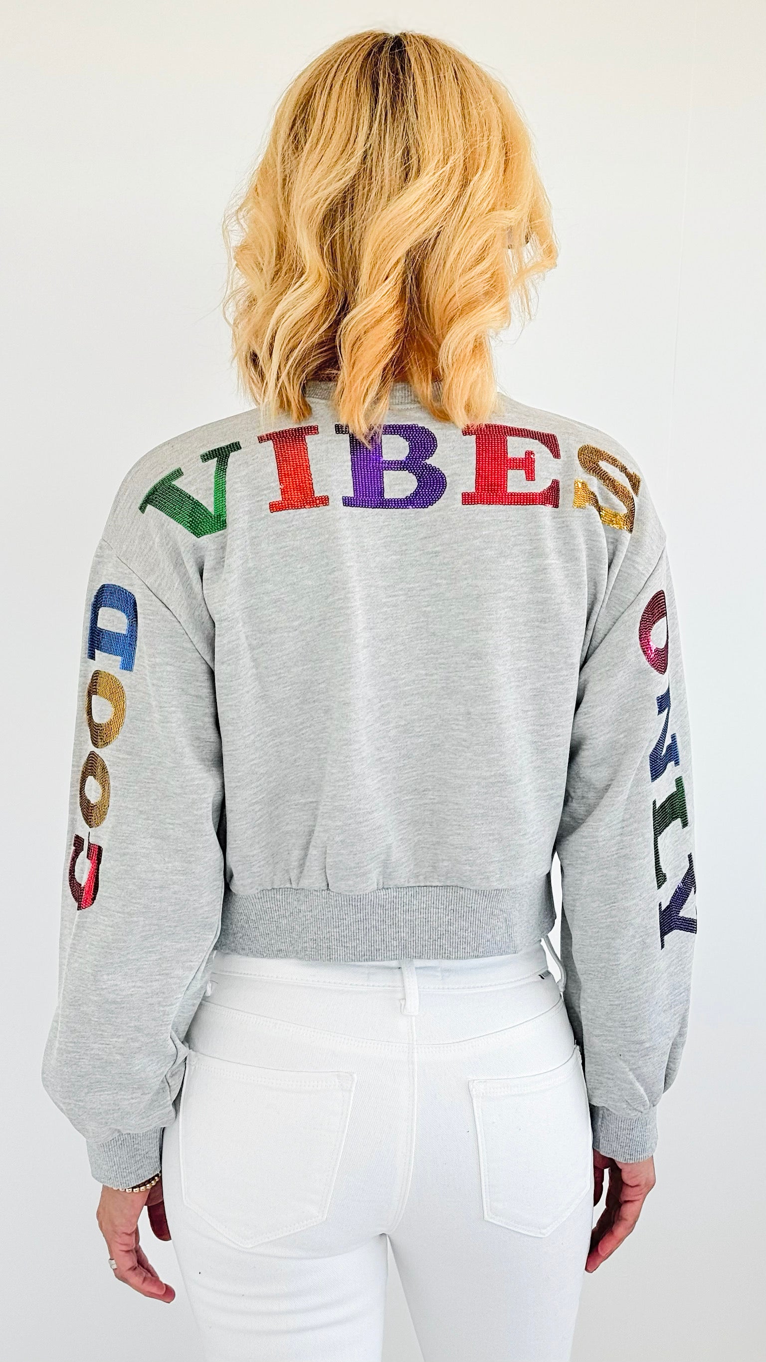 'Good Vibes Only' Pullover Sweater - Grey-140 Sweaters-Rousseau-Coastal Bloom Boutique, find the trendiest versions of the popular styles and looks Located in Indialantic, FL