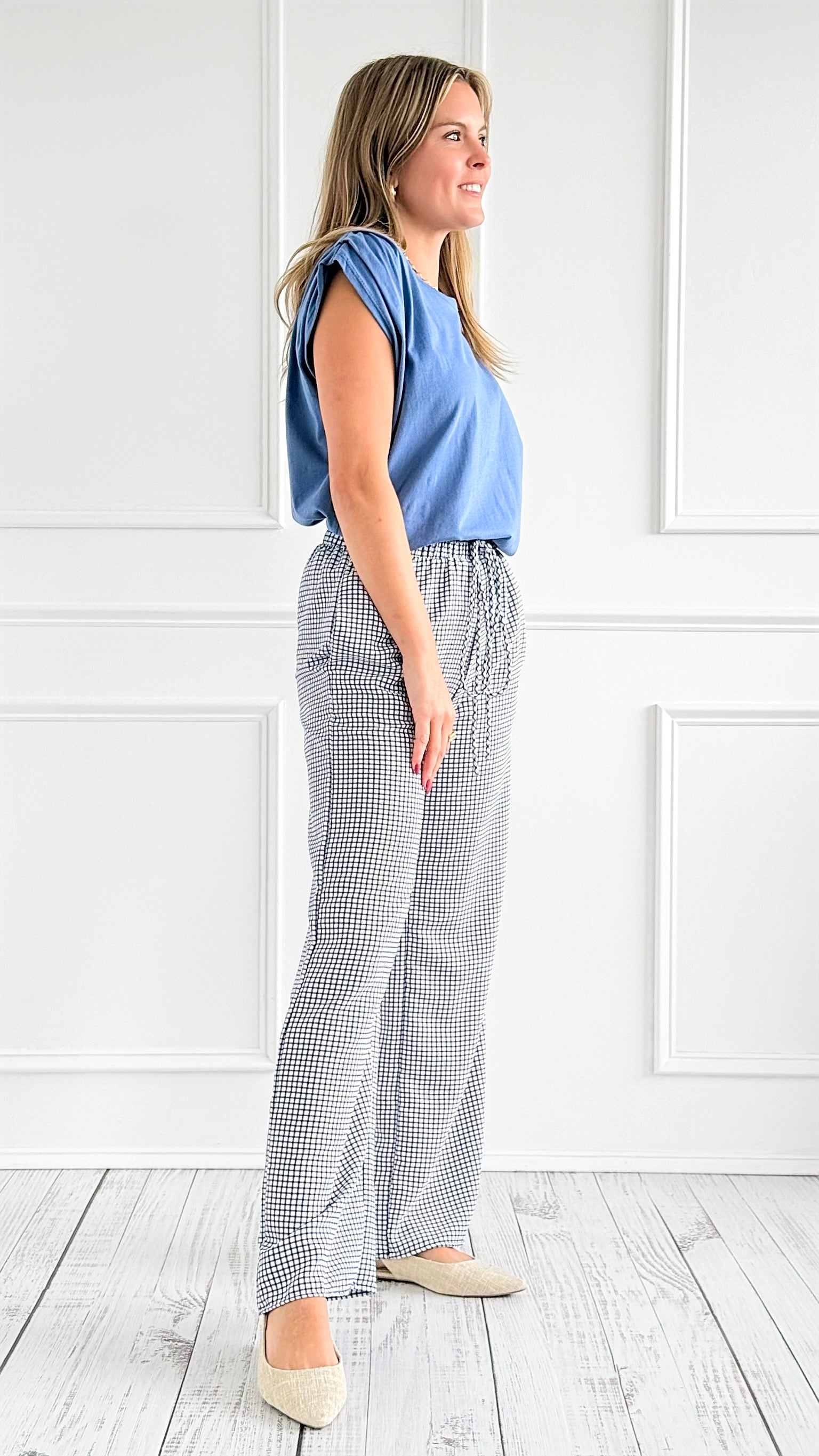 Gingham Drawstring Wide-Leg Pants - White/Navy-170 Bottoms-Jade By Jane-Coastal Bloom Boutique, find the trendiest versions of the popular styles and looks Located in Indialantic, FL