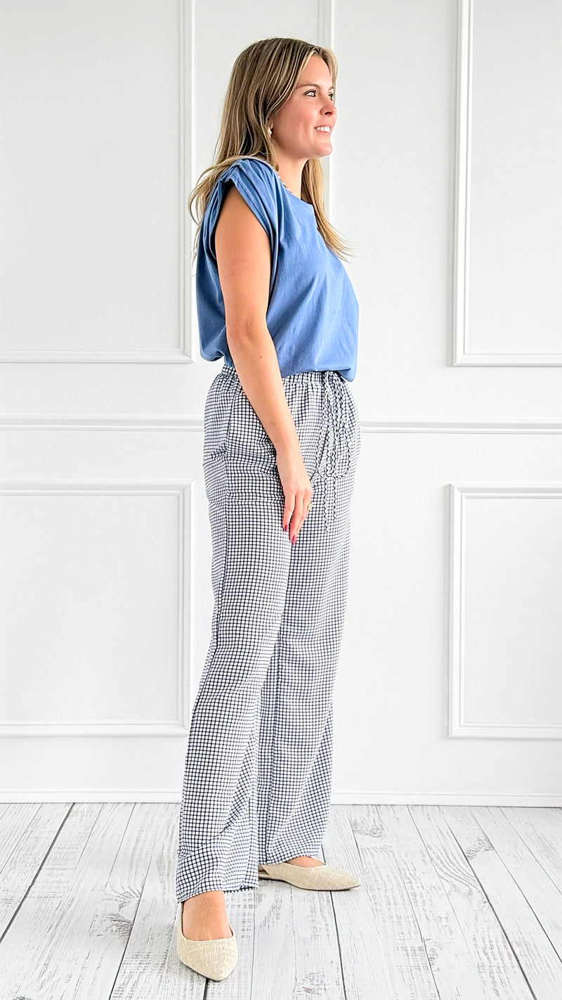 Gingham Drawstring Wide-Leg Pants - White/Navy-170 Bottoms-Jade By Jane-Coastal Bloom Boutique, find the trendiest versions of the popular styles and looks Located in Indialantic, FL