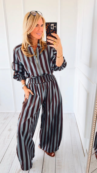 Pre Order - Contrast Italian Stripe Barrel Pant - Grey Blue