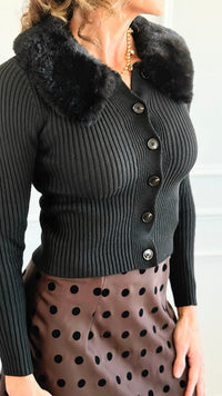 Faux Fur Collar Ribbed Cardigan -Black-140 Sweaters-Blu Pepper-Coastal Bloom Boutique, find the trendiest versions of the popular styles and looks Located in Indialantic, FL