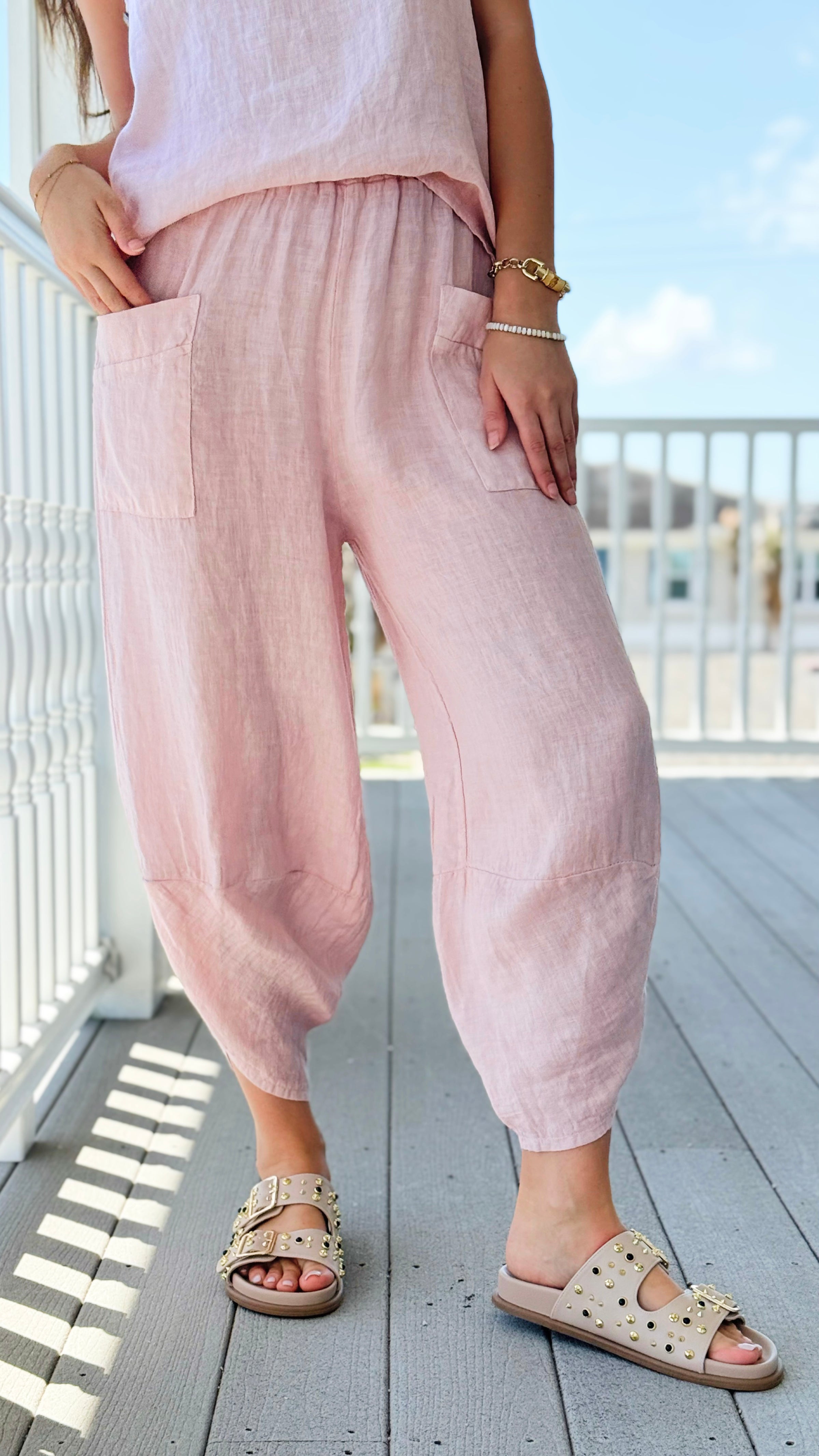 La Spezia Barrel Linen Italian Pant- Blush