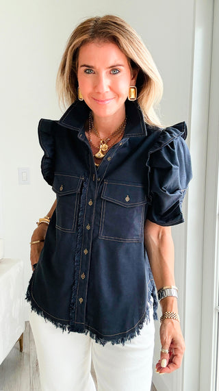 Linen Ruffle Button-Up Shirt - Dark Navy