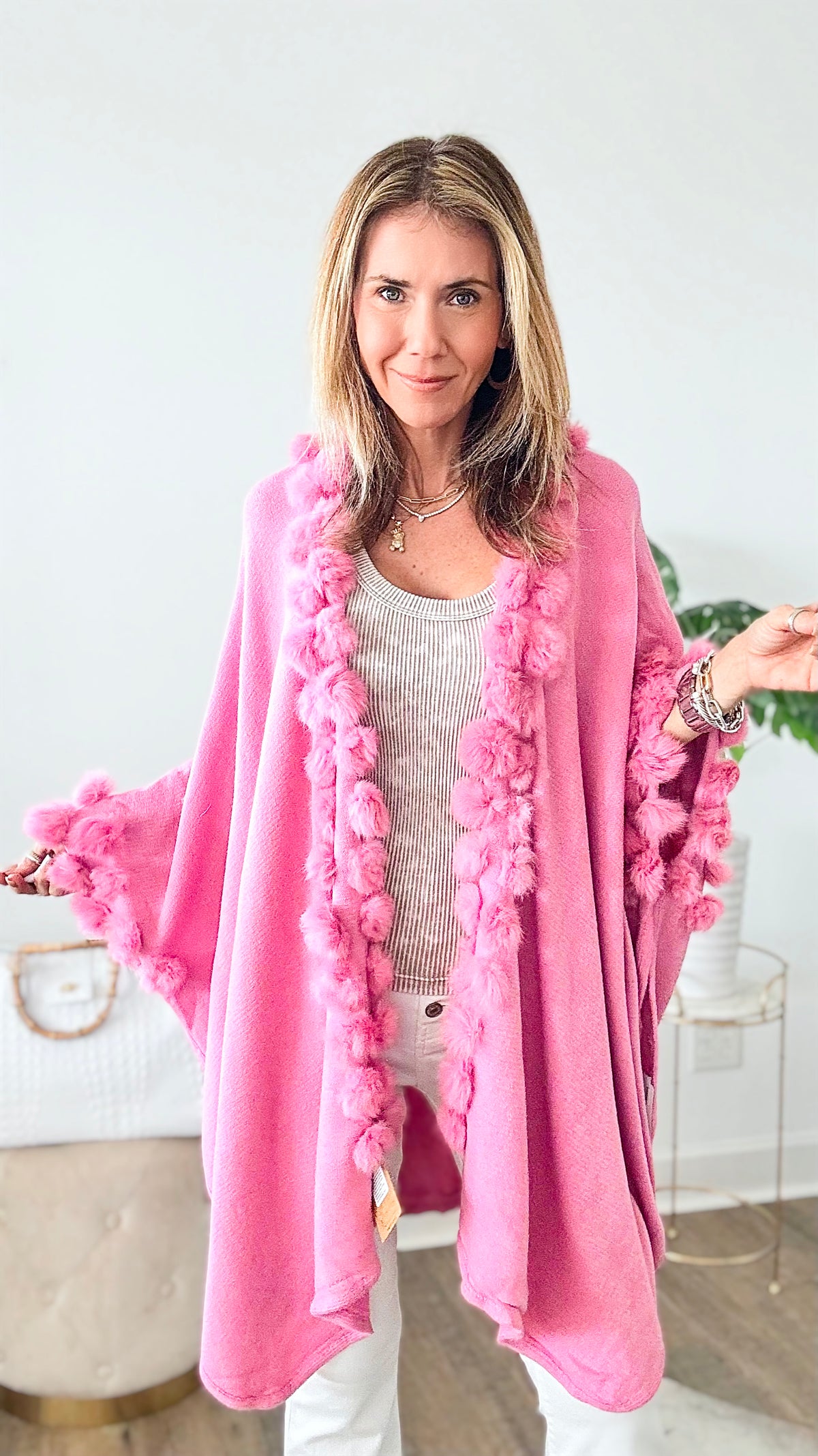 Luxurious Faux Fur Poncho - Pink-150 Cardigans/Layers-Cap Zone-Coastal Bloom Boutique, find the trendiest versions of the popular styles and looks Located in Indialantic, FL