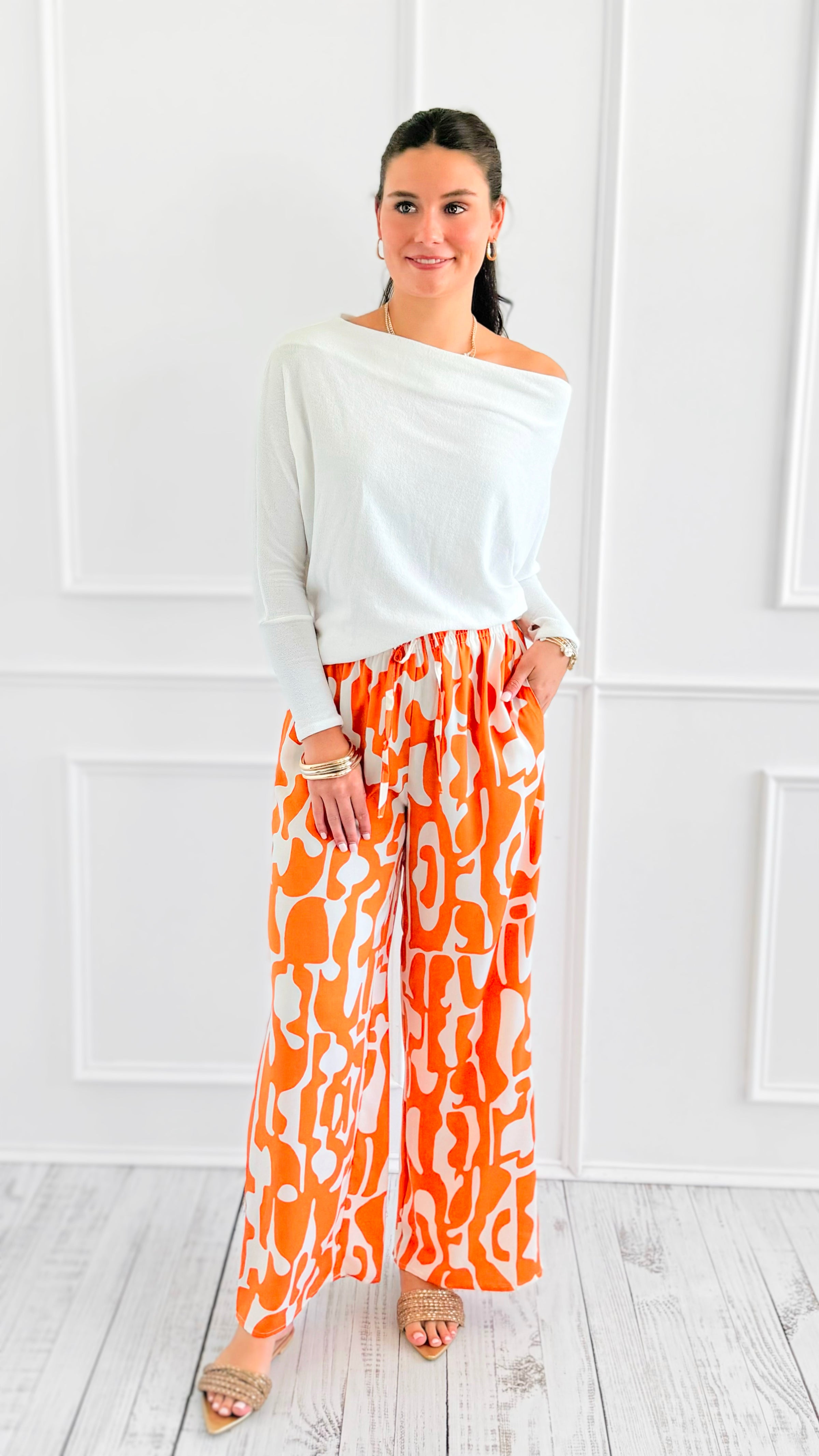 Tropic Whispers Wide Leg Pants - Orange-170 Bottoms-GIGIO-Coastal Bloom Boutique, find the trendiest versions of the popular styles and looks Located in Indialantic, FL