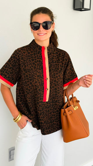 Leopard Print Contrast Trim Top - Brown