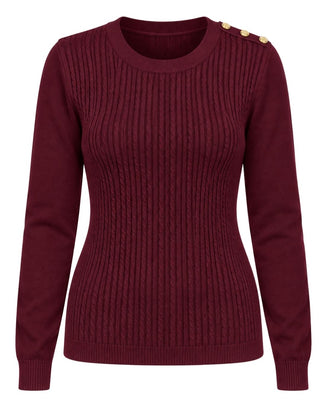 Cable Knit Crew Neck Sweater - Burgundy