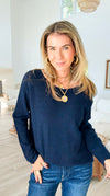 Soho Italian Boatneck Pullover - Navy-140 Sweaters-Italianissimo-Coastal Bloom Boutique, find the trendiest versions of the popular styles and looks Located in Indialantic, FL