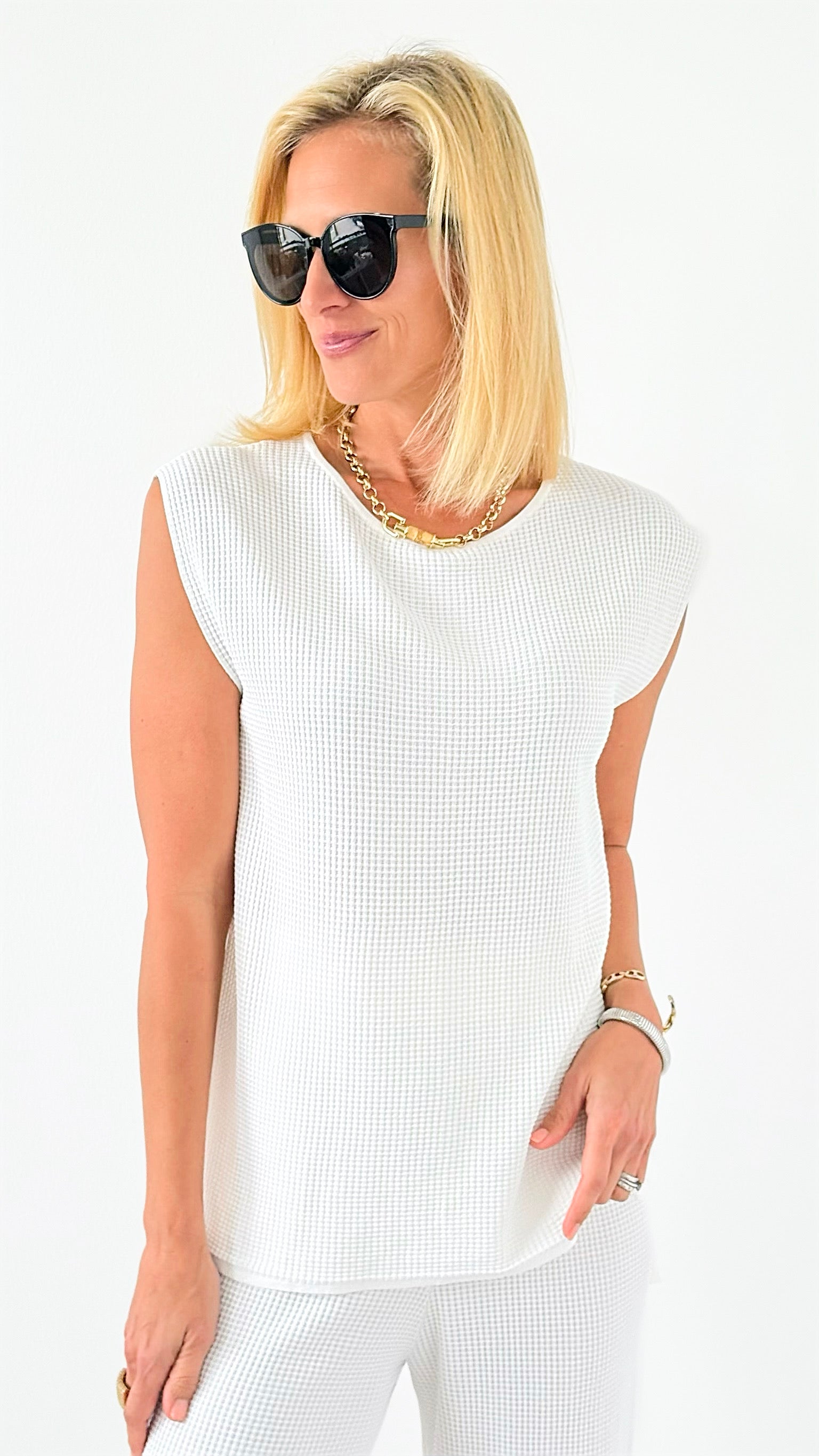 Hampton Waffle Sleeveless Top - White-00 Sleevless Tops-original usa-Coastal Bloom Boutique, find the trendiest versions of the popular styles and looks Located in Indialantic, FL