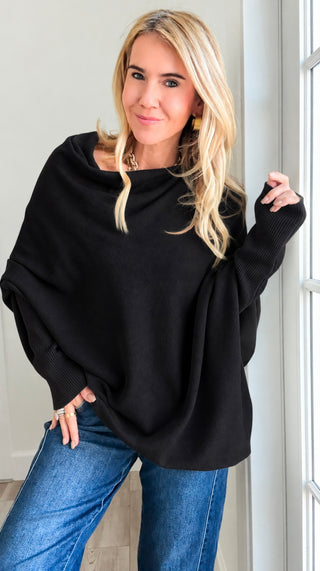 Relaxed Cowl Neck Ribbed Cuff Italian Sweater - Black