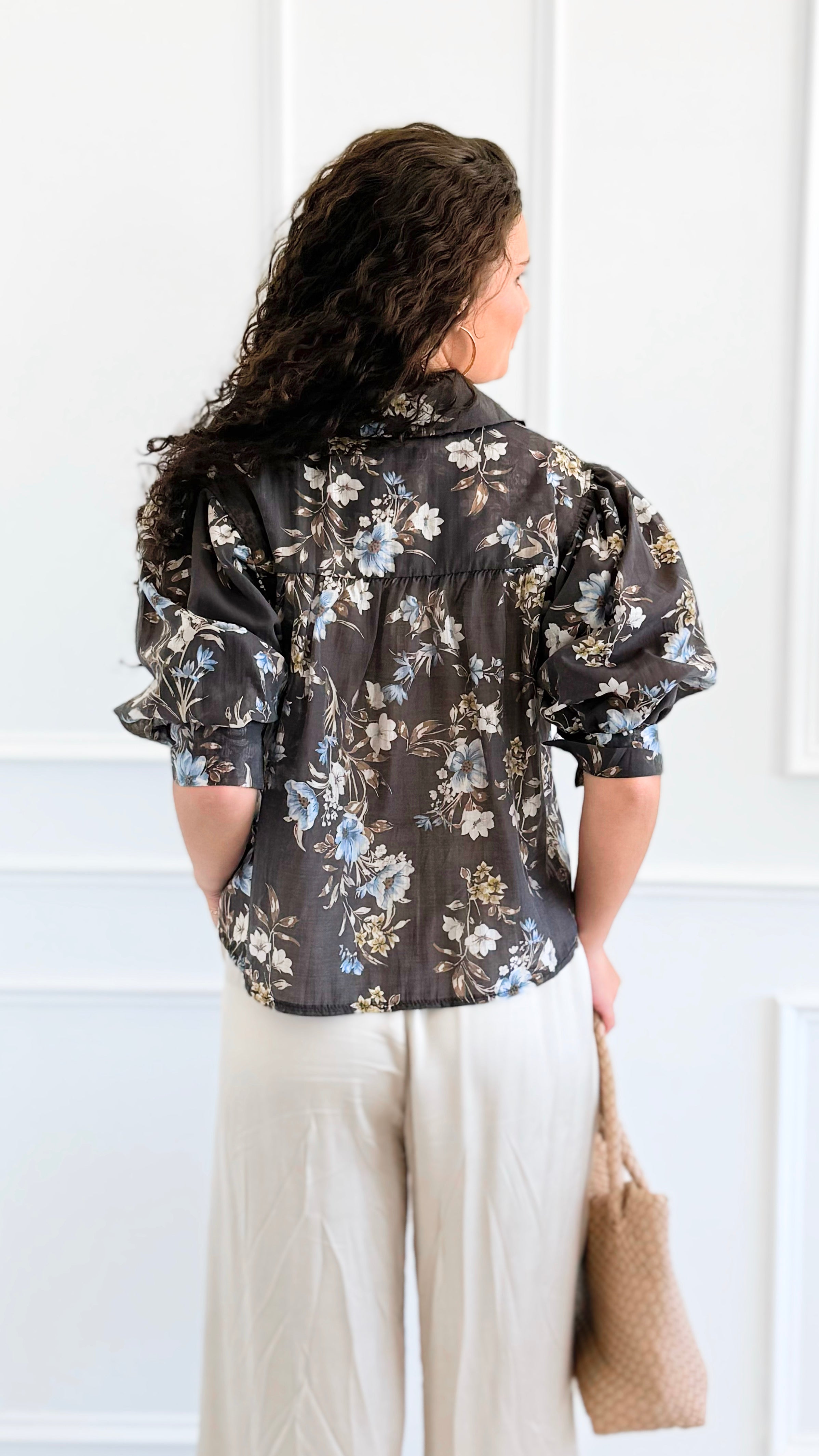 Botanical Romance Puff Sleeve Italian Button Down Top-110 short Sleeve Top-AZUL MONACO-Coastal Bloom Boutique, find the trendiest versions of the popular styles and looks Located in Indialantic, FL