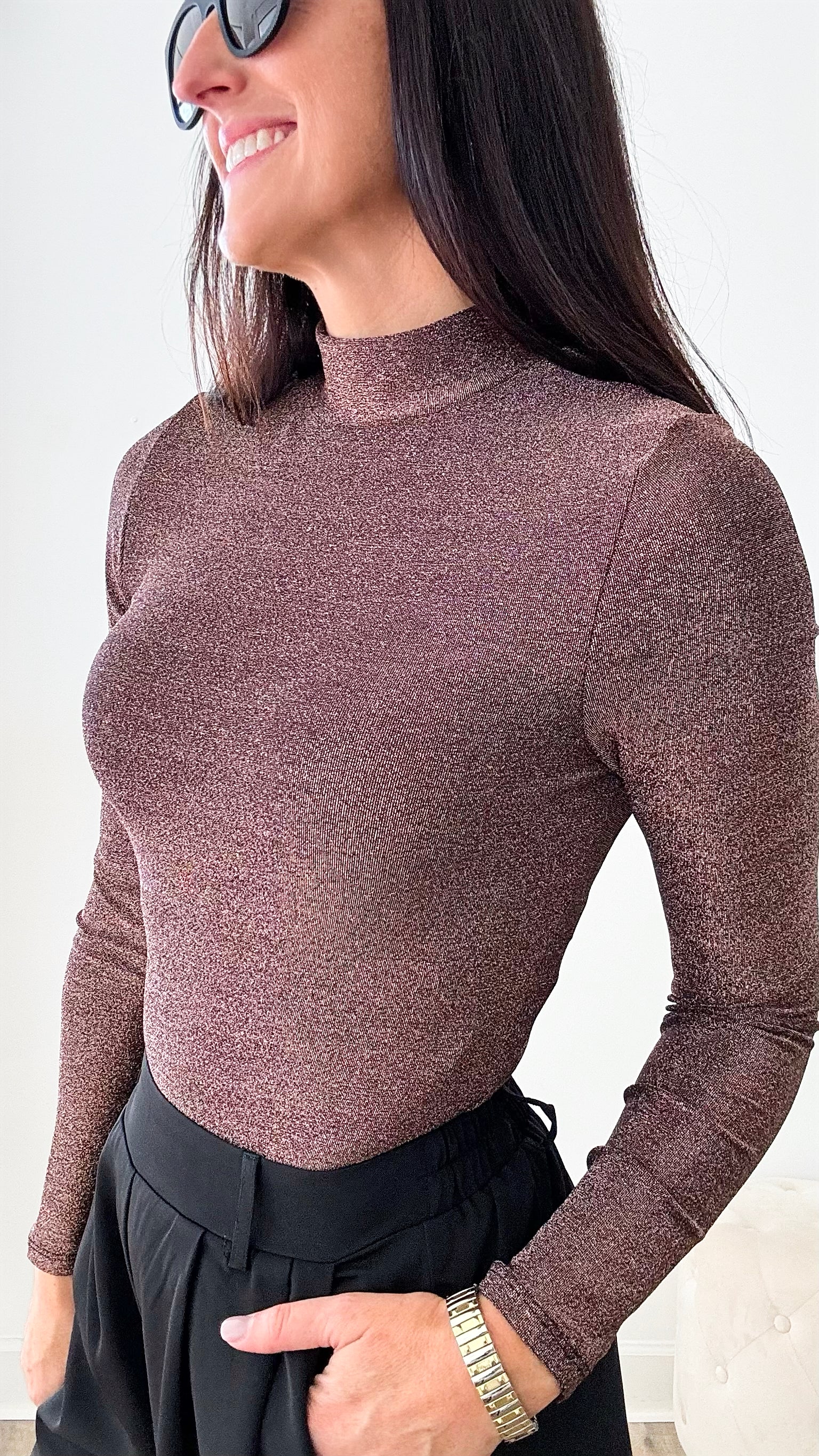 Mock Neck Glittery Bodysuit - Black/Rose Gold-130 Long Sleeve Tops-ShopIrisBasic-Coastal Bloom Boutique, find the trendiest versions of the popular styles and looks Located in Indialantic, FL