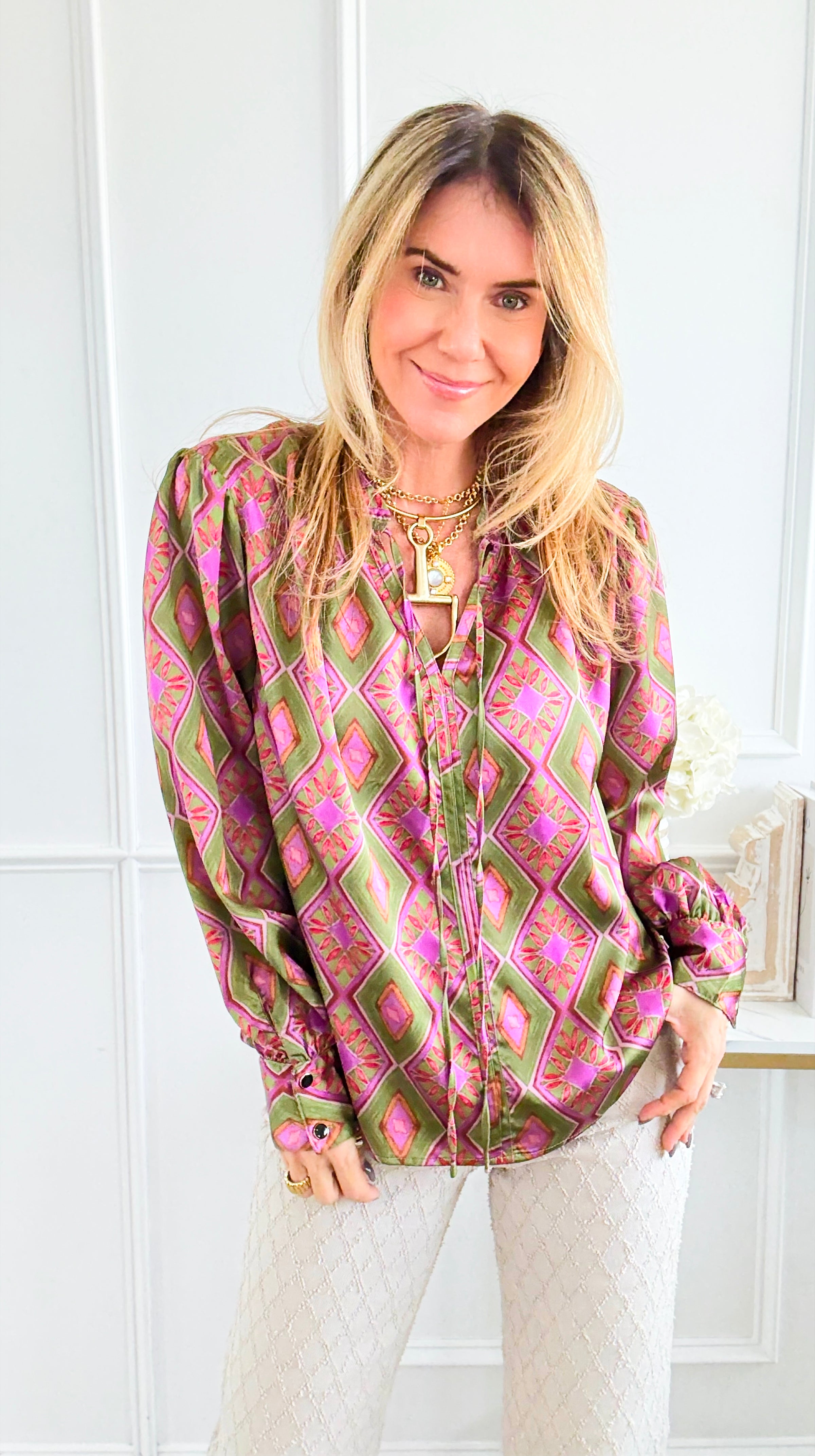 Geometric Floral Split Neck Top-110 Long Sleeve Tops-sew in love-Coastal Bloom Boutique, find the trendiest versions of the popular styles and looks Located in Indialantic, FL