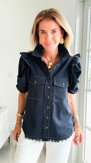 Linen Ruffle Button-Up Shirt - Dark Navy