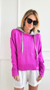Ripped Contrast Hoodie Knit Sweater - Pink-140 Sweaters-Dance and Marvel-Coastal Bloom Boutique, find the trendiest versions of the popular styles and looks Located in Indialantic, FL