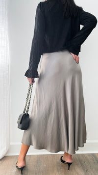 Brooklyn Italian Satin Midi Skirt - Pewter-170 Bottoms-Germany-Coastal Bloom Boutique, find the trendiest versions of the popular styles and looks Located in Indialantic, FL