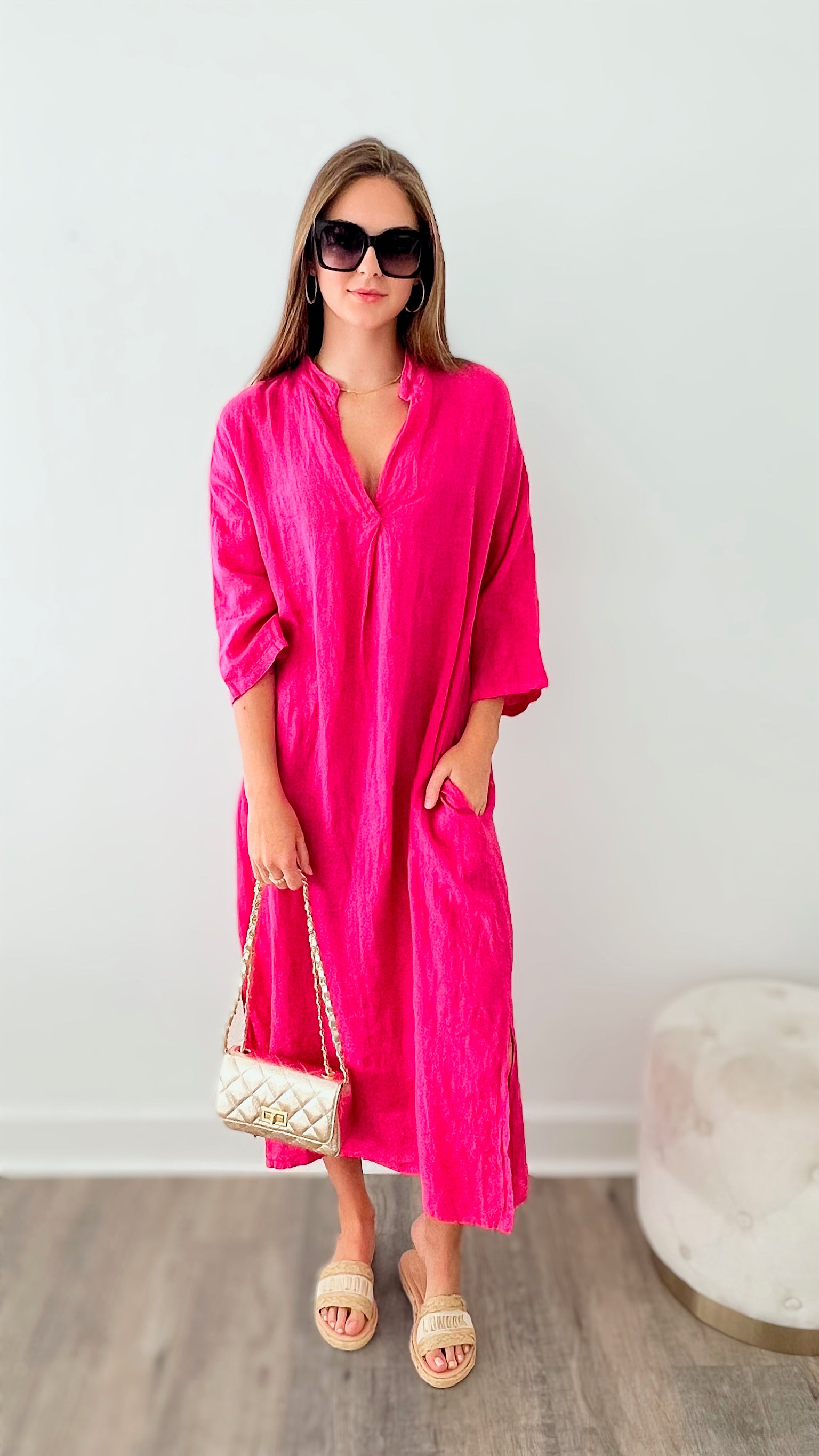Pocketed Linen Tunic Italian Dress - Fuchsia-200 Dresses/Jumpsuits/Rompers-Yolly-Coastal Bloom Boutique, find the trendiest versions of the popular styles and looks Located in Indialantic, FL