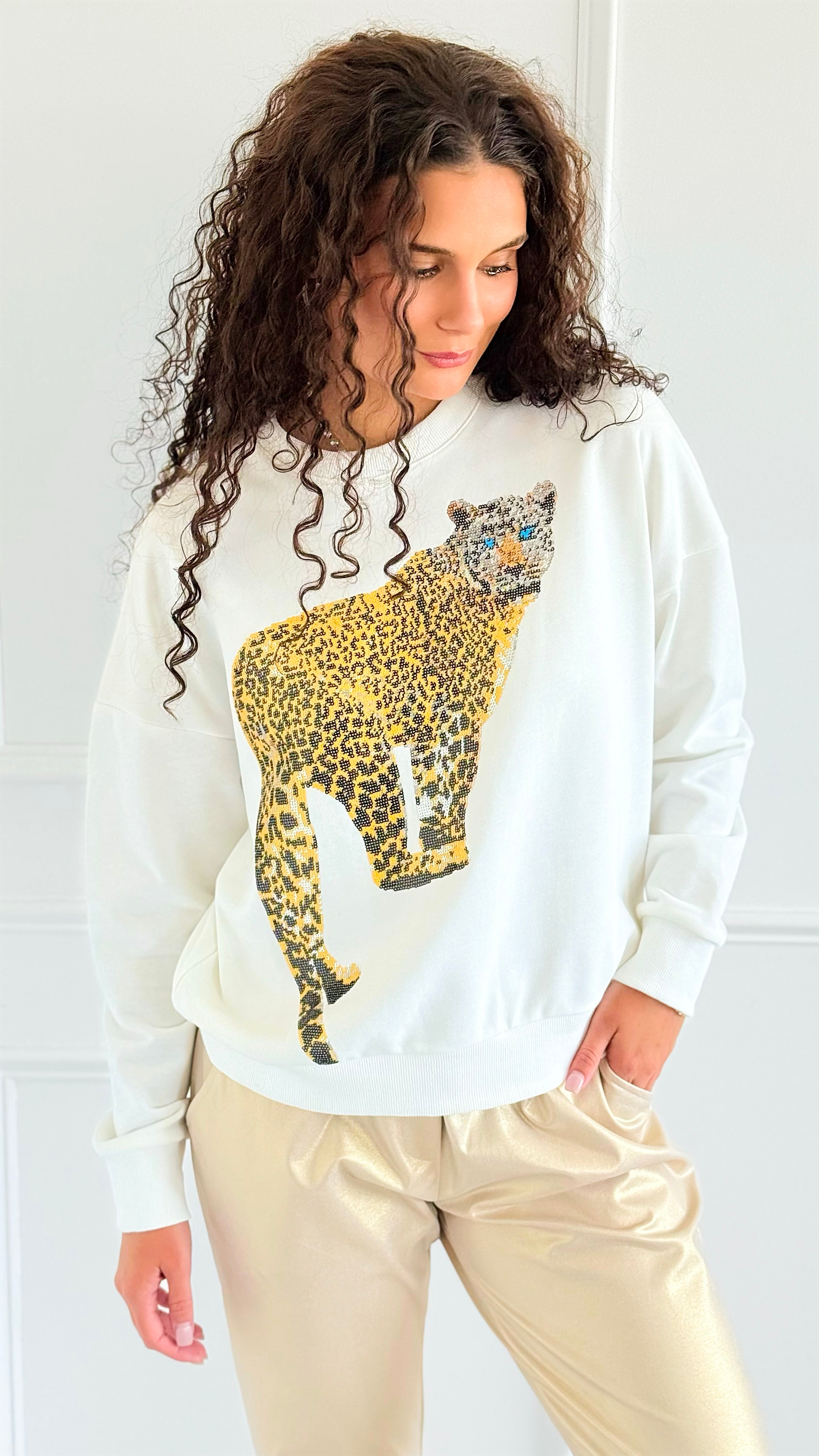 Golden Safari Sequin Sweatshirt-110 Long Sleeve Tops-Blue Velvet-Coastal Bloom Boutique, find the trendiest versions of the popular styles and looks Located in Indialantic, FL