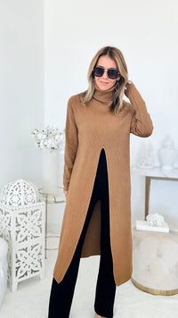 Chic Long Split Italian Sweater - Camel-150 Cardigans/Layers-Italianissimo-Coastal Bloom Boutique, find the trendiest versions of the popular styles and looks Located in Indialantic, FL