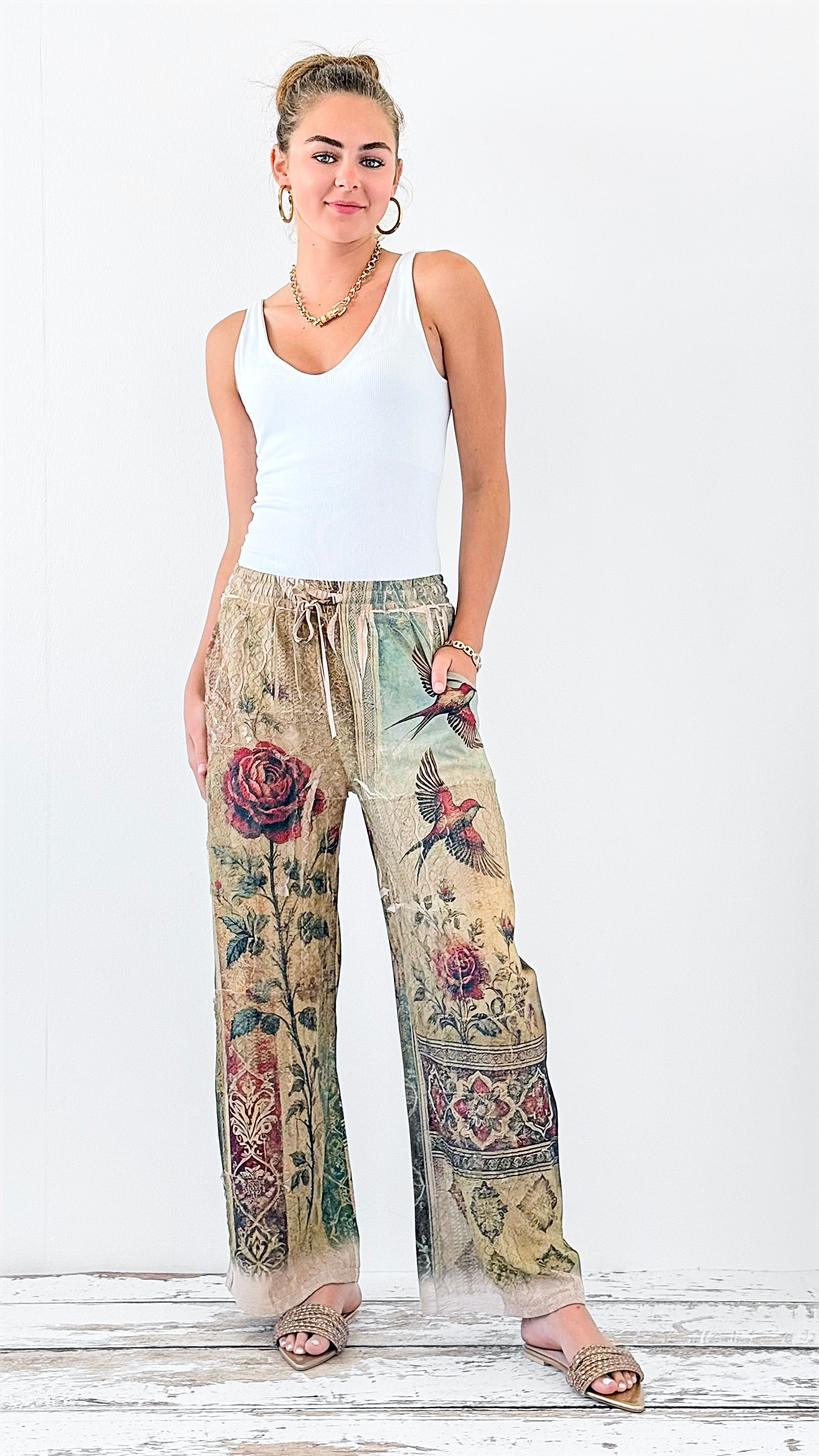 Whimsical Hummingbird Drawstring Pants-170 Bottoms-Origami Fashion Inc-Coastal Bloom Boutique, find the trendiest versions of the popular styles and looks Located in Indialantic, FL