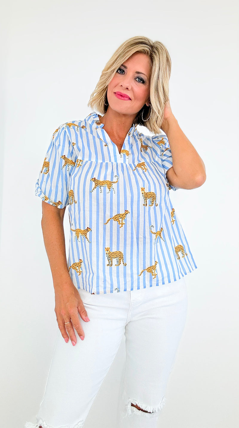 Striped Safari Puff Sleeves Blouse-110 Short Sleeve Tops-THML-Coastal Bloom Boutique, find the trendiest versions of the popular styles and looks Located in Indialantic, FL