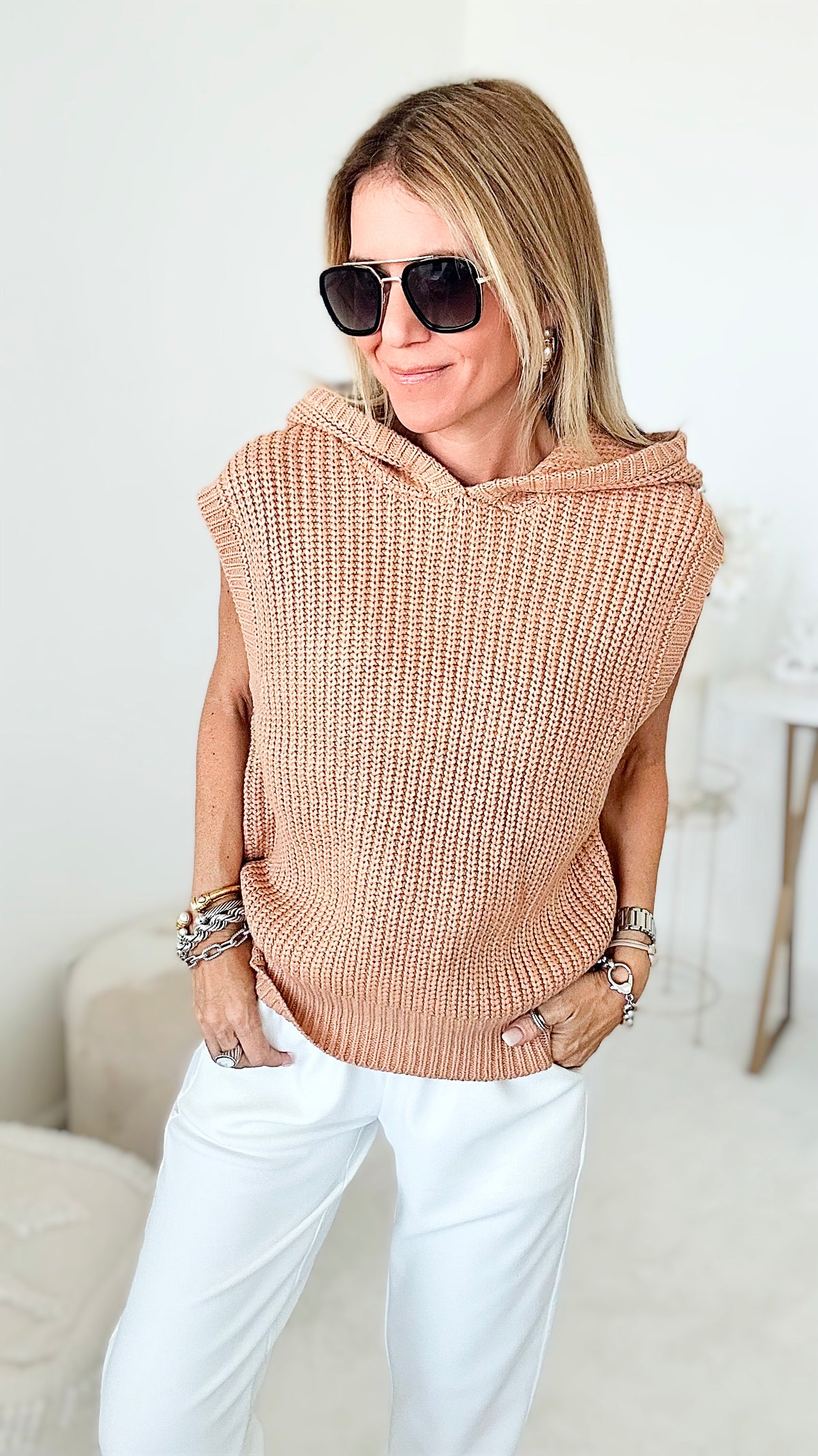 Knit Hoodie Vest - Sand-140 Sweaters-MISS LOVE-Coastal Bloom Boutique, find the trendiest versions of the popular styles and looks Located in Indialantic, FL