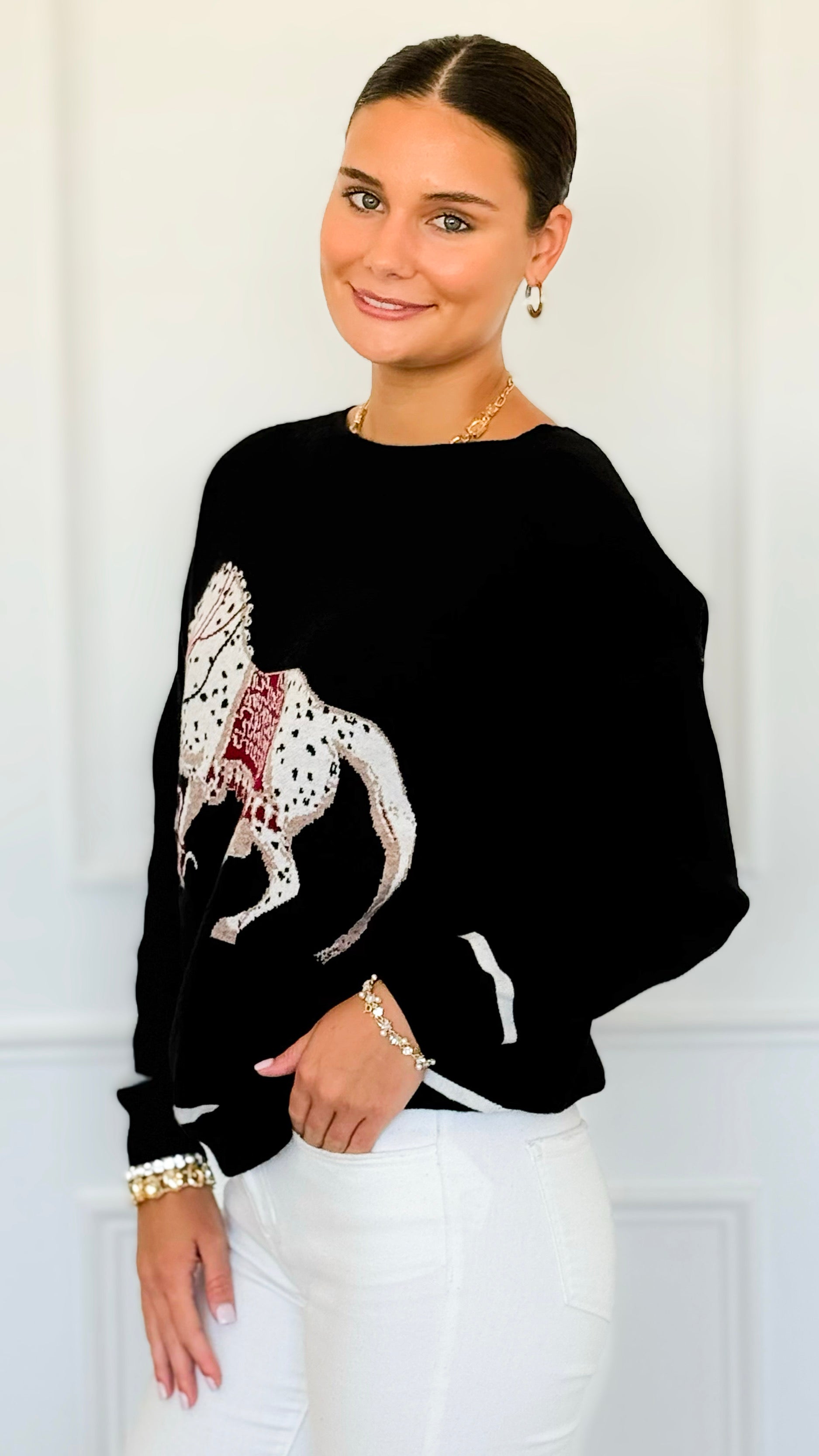 Equestrian Parade Italian Sweater- Black-140 Sweaters-K2-Coastal Bloom Boutique, find the trendiest versions of the popular styles and looks Located in Indialantic, FL