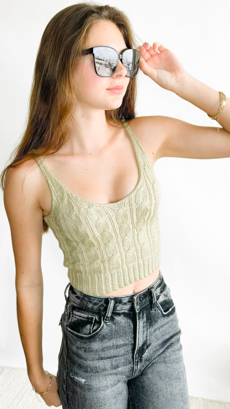 Metallic Foil Crop Knit Top - Ecru/Gold-100 Sleeveless Tops-Edit By Nine-Coastal Bloom Boutique, find the trendiest versions of the popular styles and looks Located in Indialantic, FL