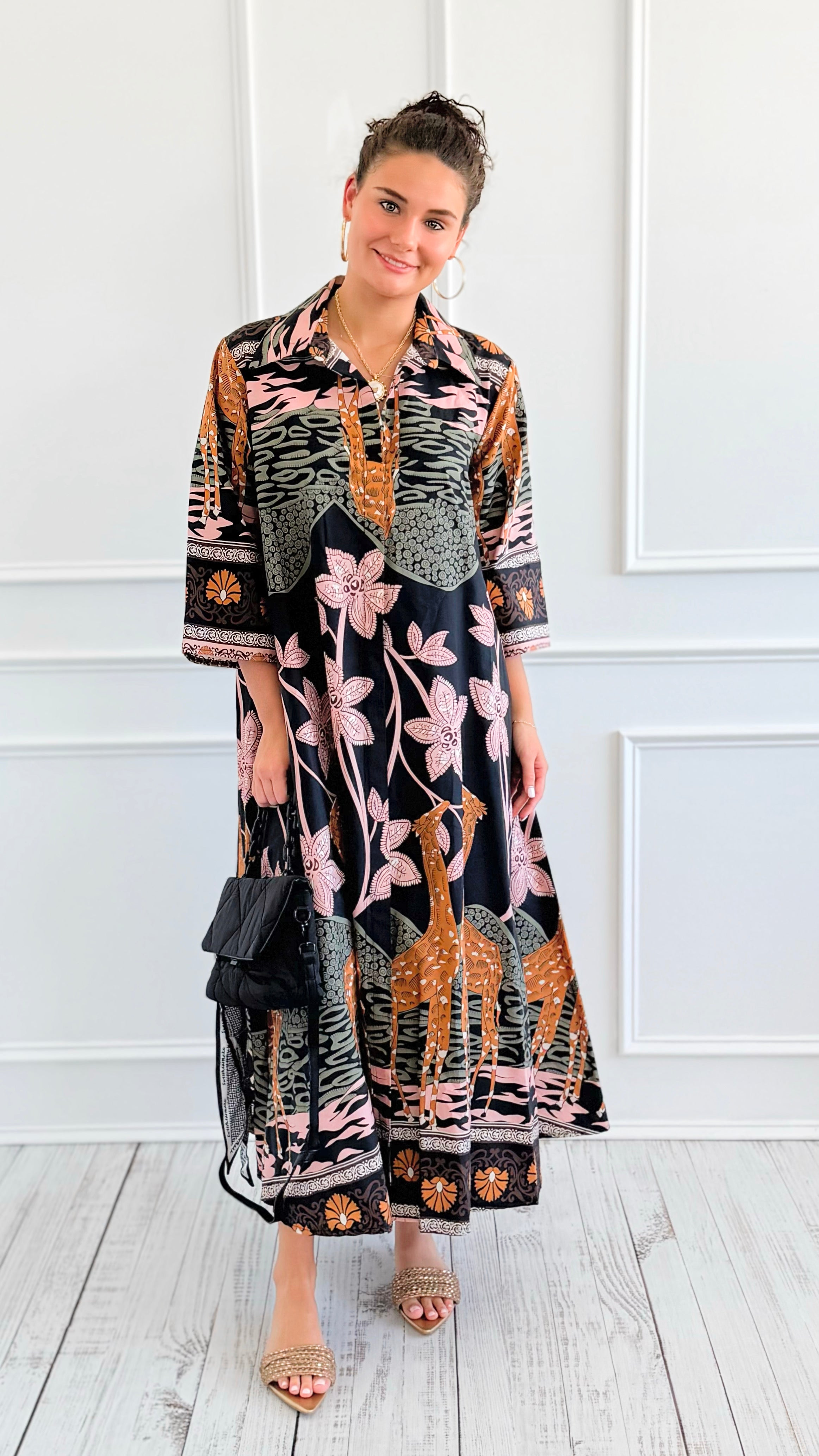 Safari Luxe Botanical Italian Long Dress-200 Dresses/Jumpsuits/Rompers-AZUL MONACO-Coastal Bloom Boutique, find the trendiest versions of the popular styles and looks Located in Indialantic, FL