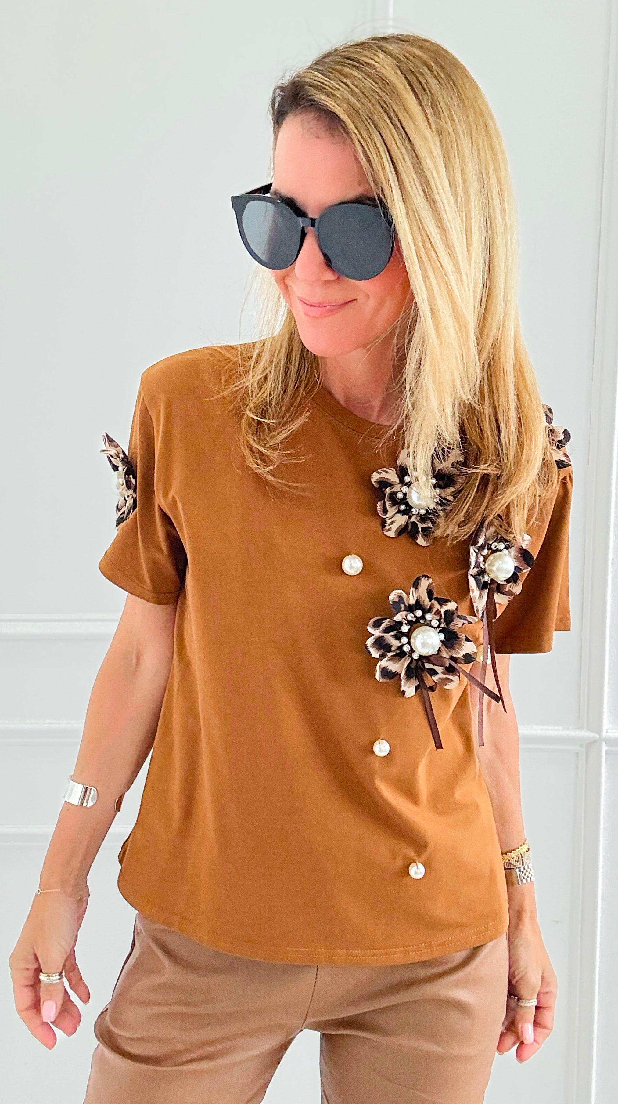 Embellished Floral Appliqué Tee-110 short Sleeve Top-PASTEL DESIGN-Coastal Bloom Boutique, find the trendiest versions of the popular styles and looks Located in Indialantic, FL