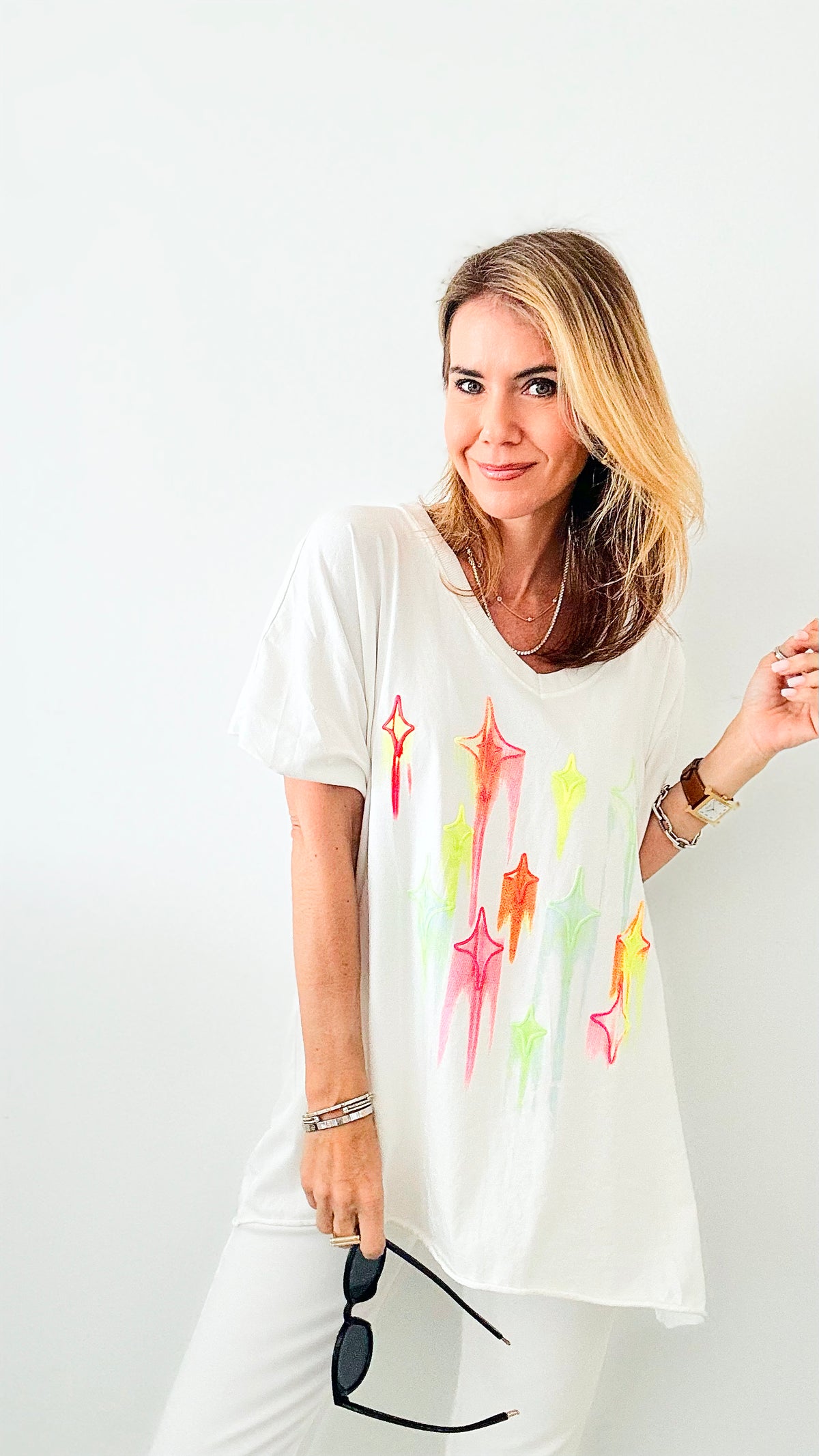 Starburst Italian Tee - White-110 Short Sleeve Tops-Italianissimo-Coastal Bloom Boutique, find the trendiest versions of the popular styles and looks Located in Indialantic, FL