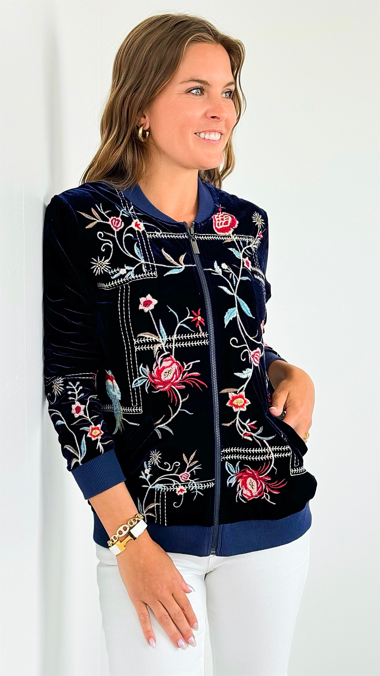 Velvet Floral Zip- Up Jacket-160 Jackets-Paparazzi-Coastal Bloom Boutique, find the trendiest versions of the popular styles and looks Located in Indialantic, FL