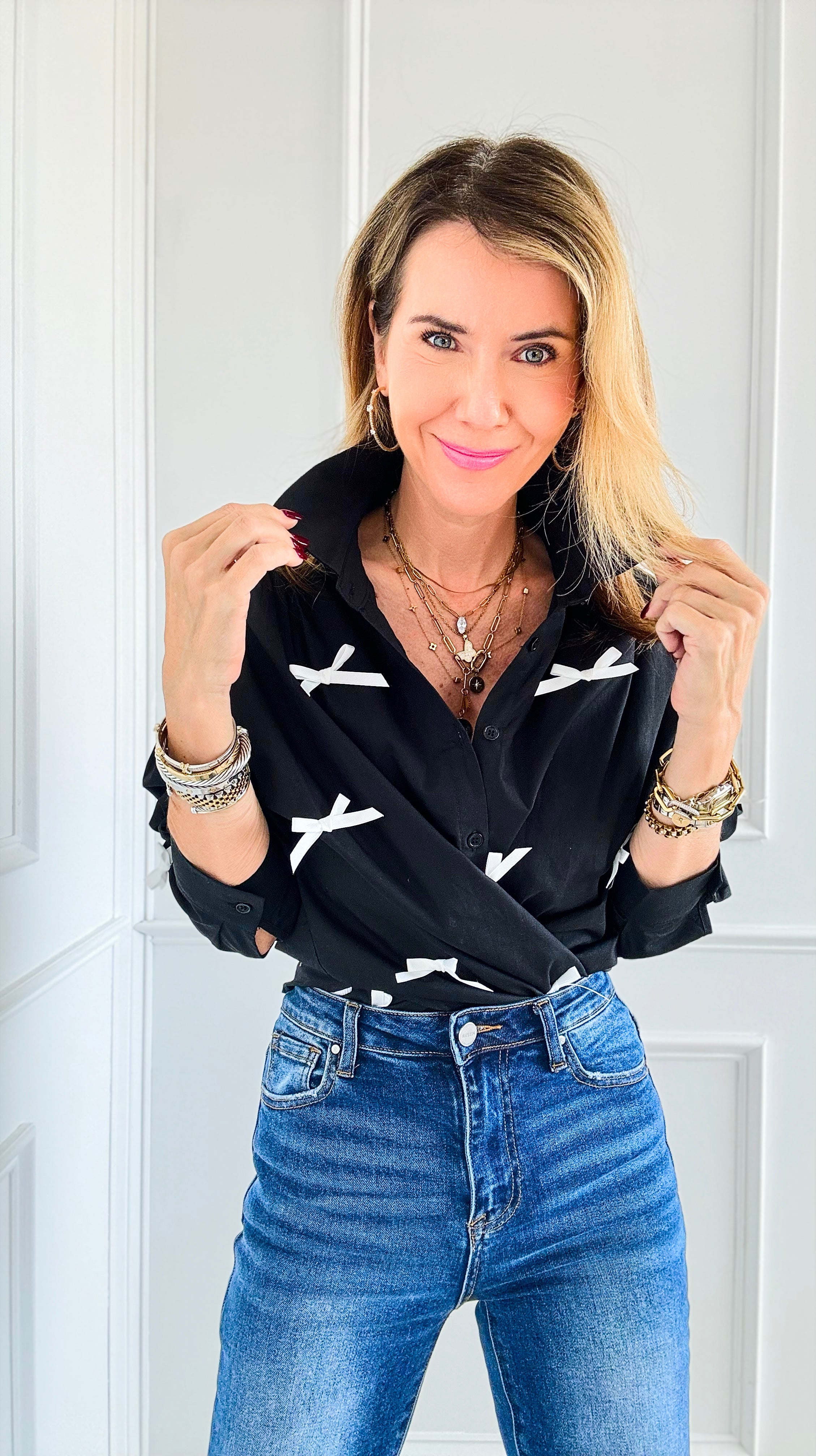 Bow-Tied Bliss Button-Up Top - Black-130 Long Sleeve Tops-JODIFL-Coastal Bloom Boutique, find the trendiest versions of the popular styles and looks Located in Indialantic, FL