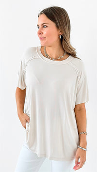 Breezy Ribbed Knit Top - Sand Beige-110 Short Sleeve Tops-Zenana-Coastal Bloom Boutique, find the trendiest versions of the popular styles and looks Located in Indialantic, FL