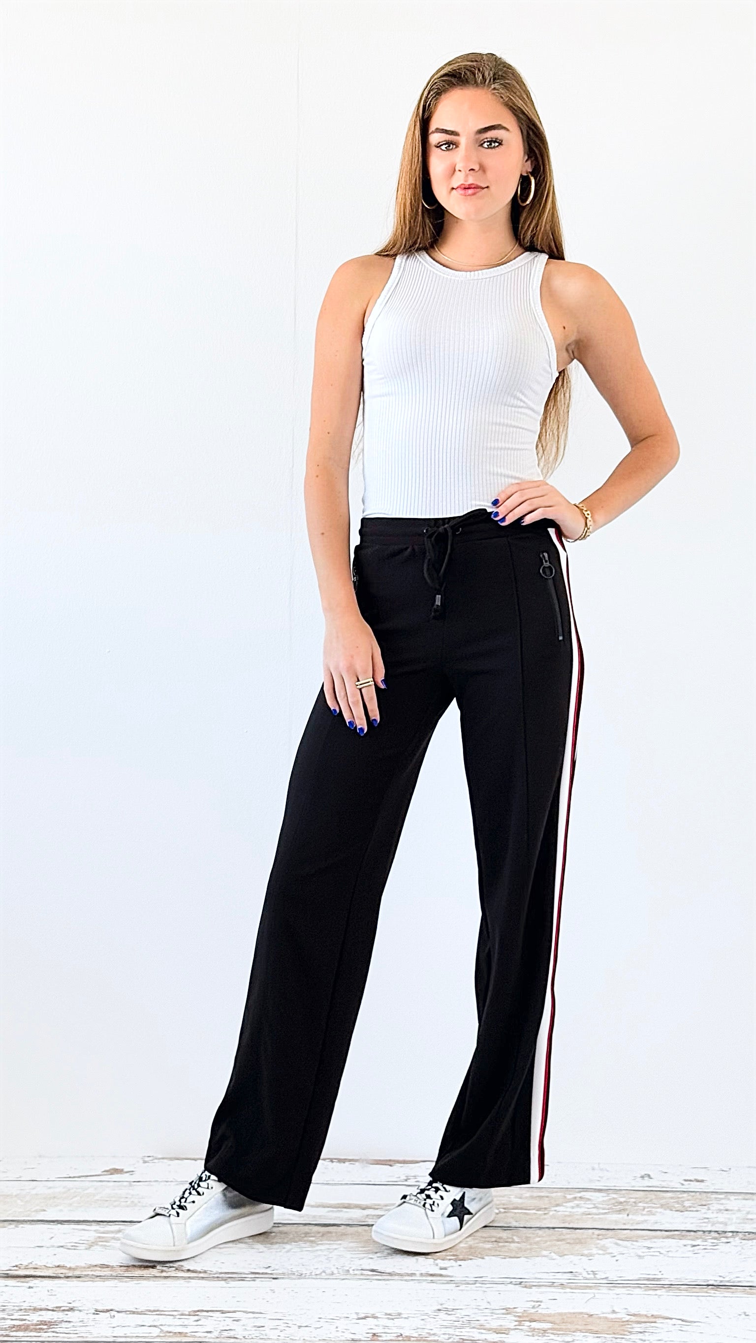 Side Stripe Wide-Leg Track Pants- Black/Red-100 Pants-Boom Boom Jeans-Coastal Bloom Boutique, find the trendiest versions of the popular styles and looks Located in Indialantic, FL