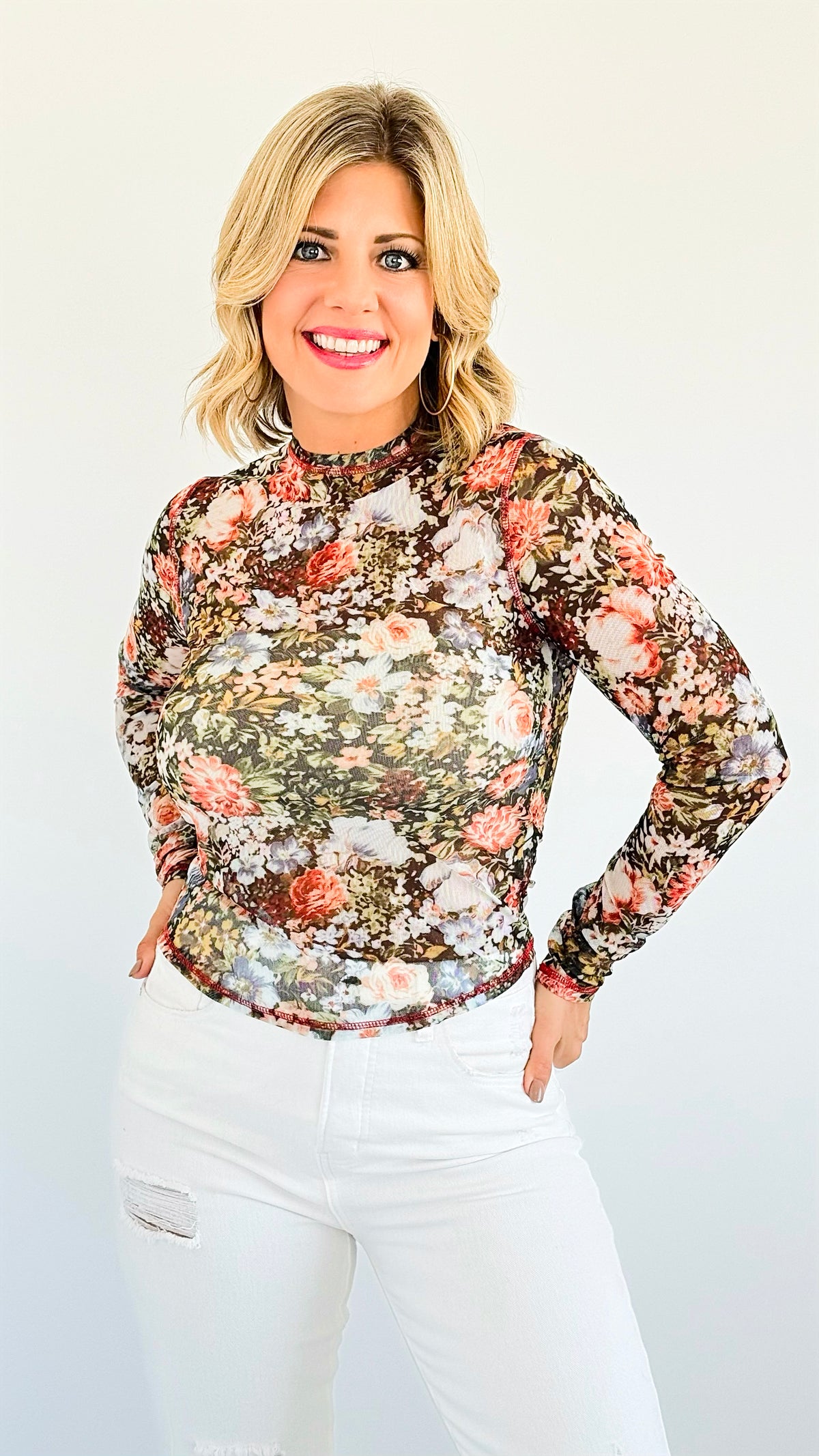 Garden Bloom Mesh Top-130 Long Sleeve Tops-La Miel-Coastal Bloom Boutique, find the trendiest versions of the popular styles and looks Located in Indialantic, FL