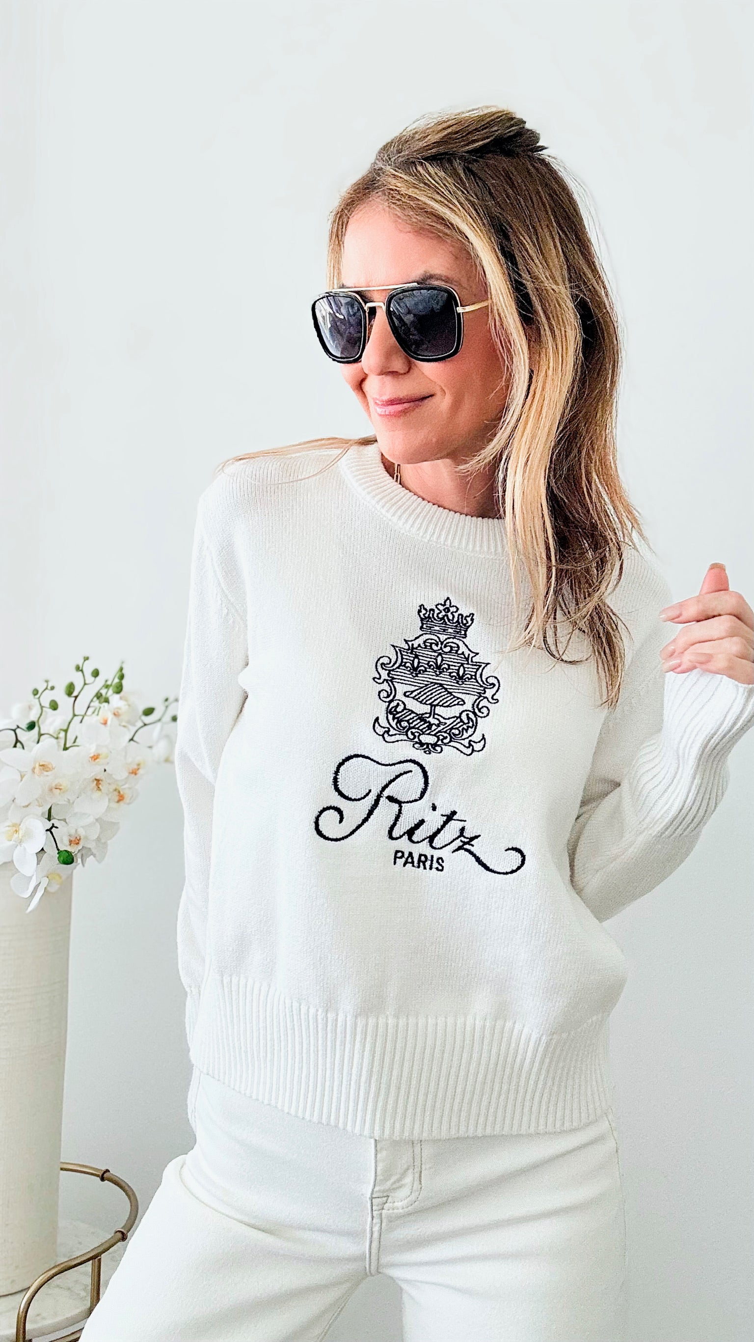 Paris Embroidery Knit Sweater - White-130 Long Sleeve Tops-Chasing Bandits-Coastal Bloom Boutique, find the trendiest versions of the popular styles and looks Located in Indialantic, FL